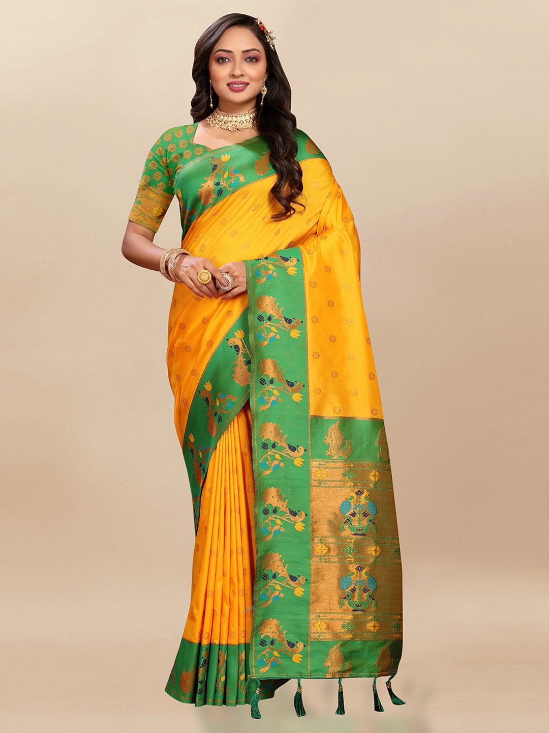 Divyadham Textiles Woven Design Zari Pure Silk Paithani Saree, Yellow