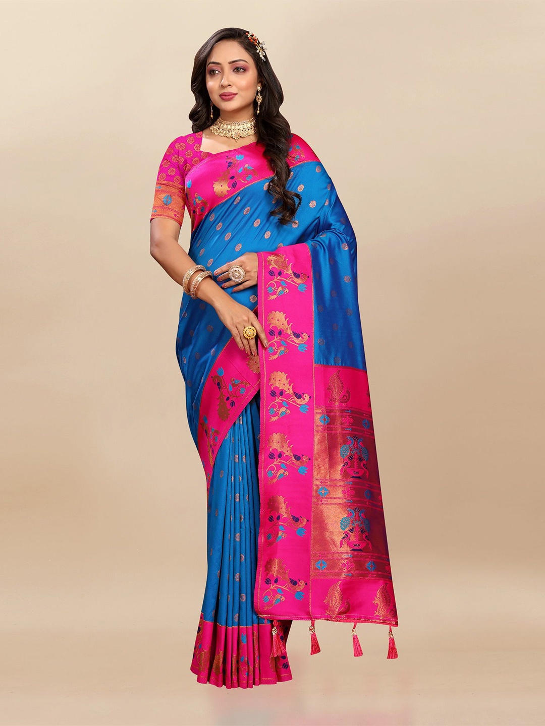 

Divyadham Textiles Woven Design Zari Pure Silk Paithani Saree, Blue