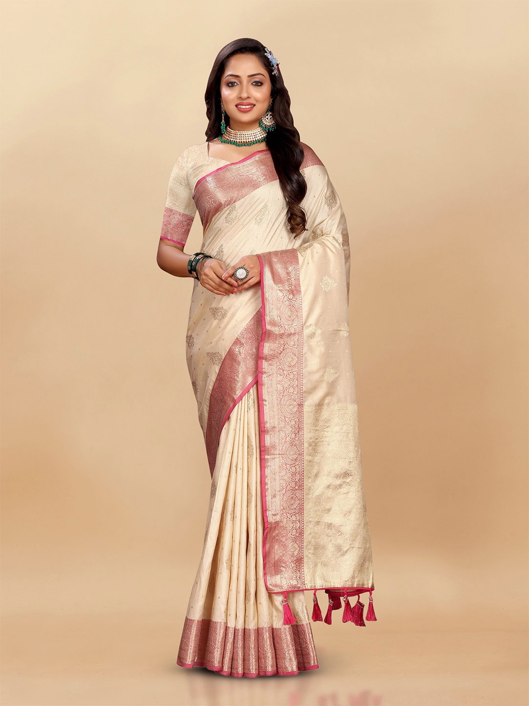 

Divyadham Textiles Woven Design Zari Pure Silk Banarasi Saree, Cream