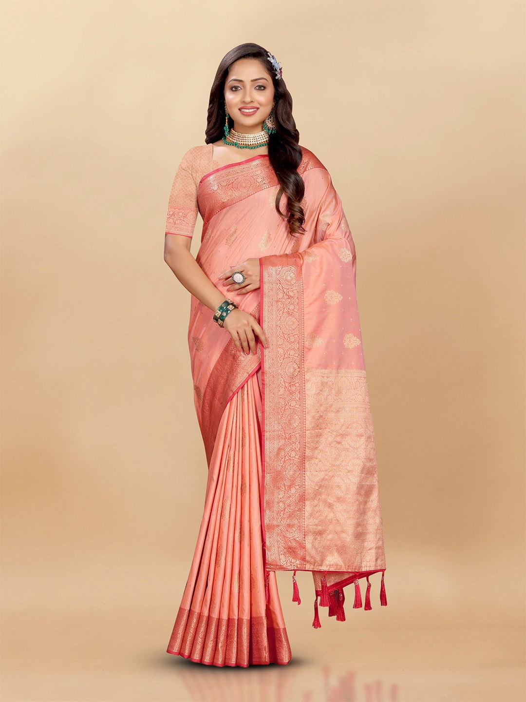 

Divyadham Textiles Woven Design Zari Pure Silk Banarasi Saree, Peach