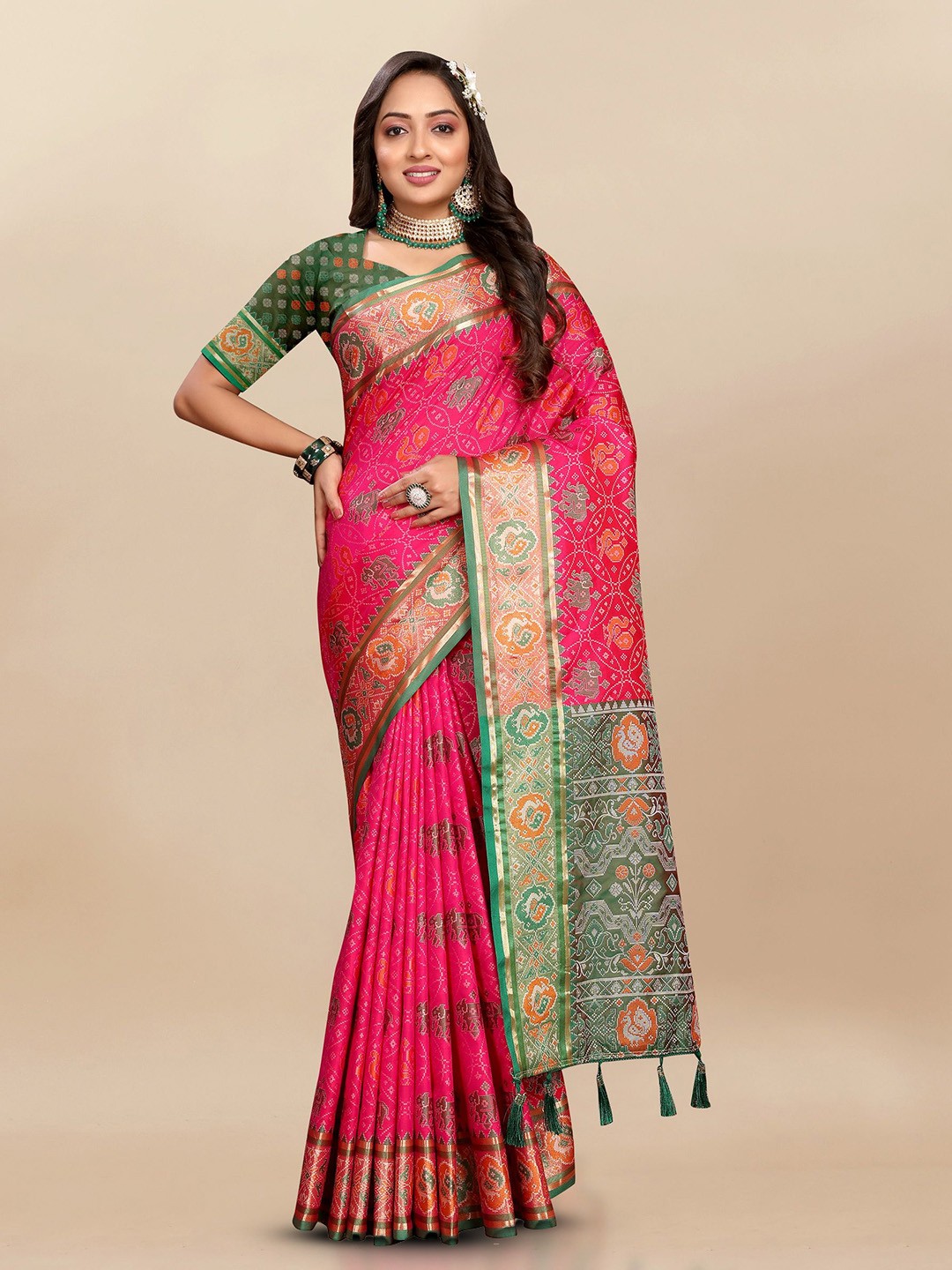 

Divyadham Textiles Woven Design Zari Pure Silk Patola Saree, Peach