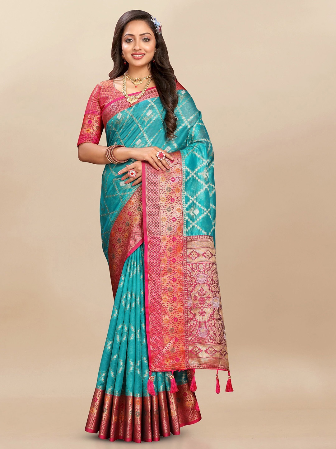 Divyadham Textiles Woven Design Zari Organza Banarasi Saree, Turquoise blue