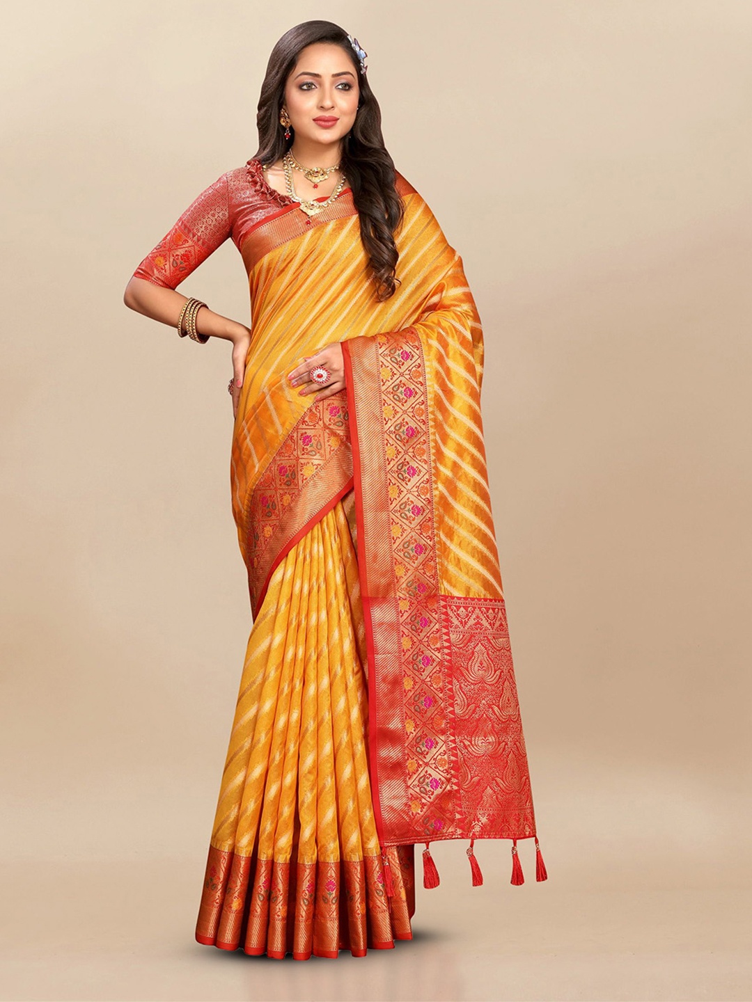 

Divyadham Textiles Woven Design Zari Organza Banarasi Saree, Yellow