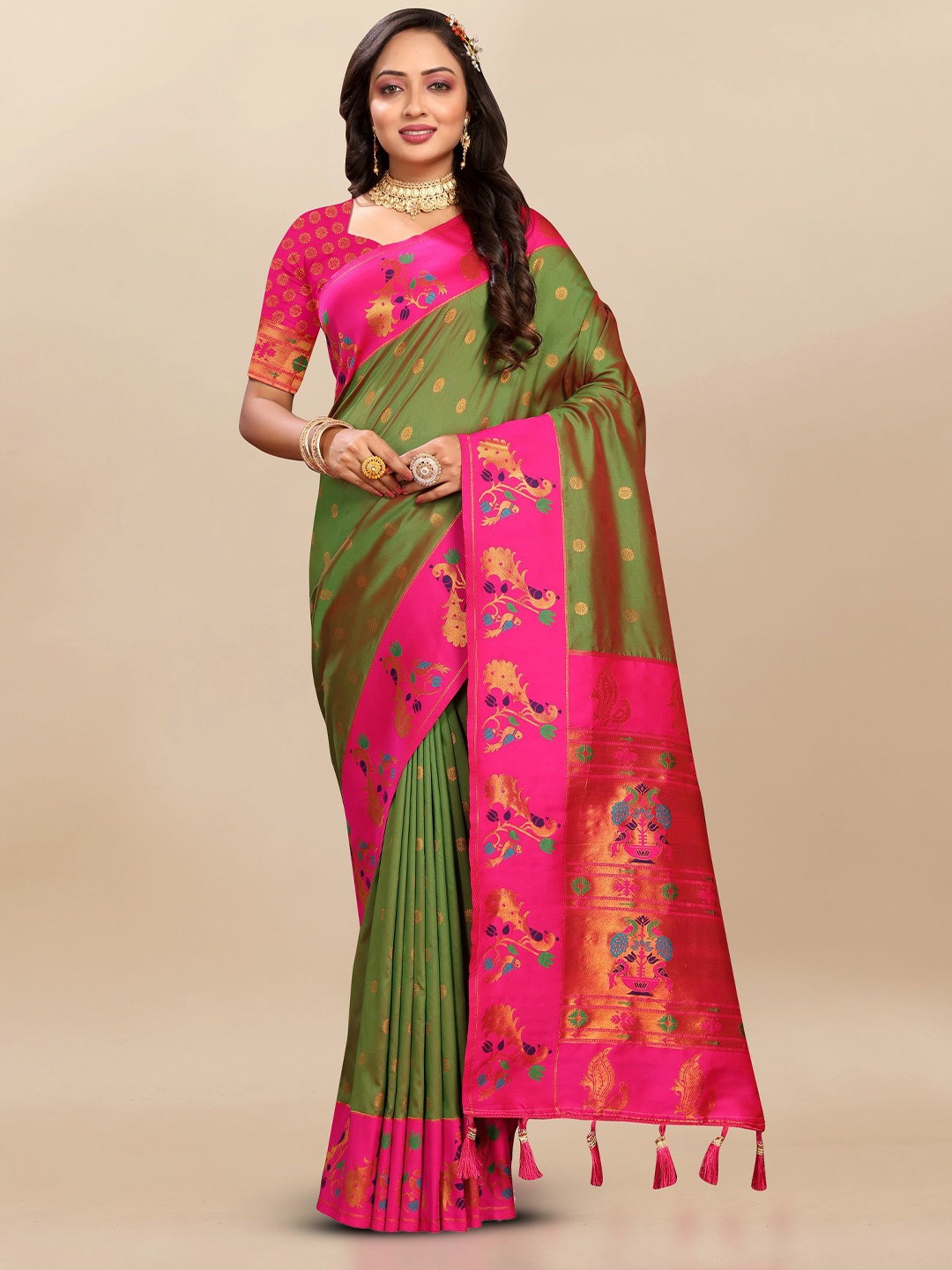 

Divyadham Textiles Woven Design Zari Pure Silk Paithani Saree, Green