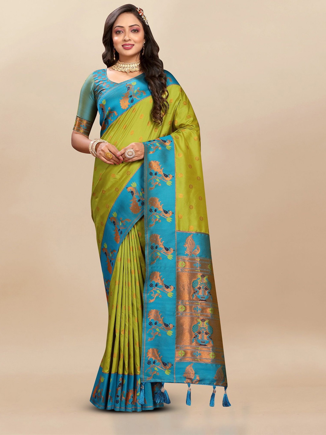 Divyadham Textiles Woven Design Zari Pure Silk Paithani Saree, Green