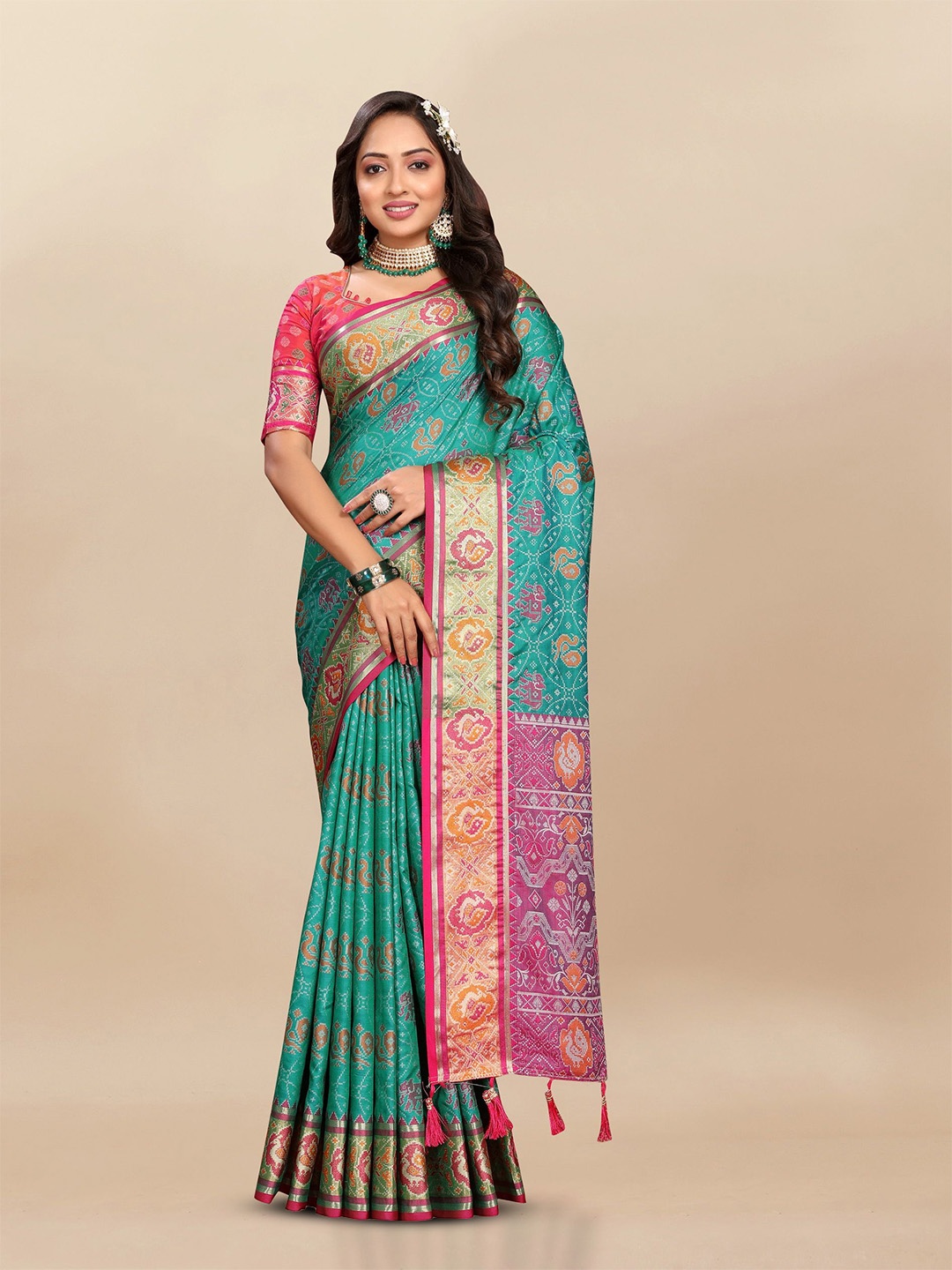 Divyadham Textiles Woven Design Zari Pure Silk Patola Saree, Green