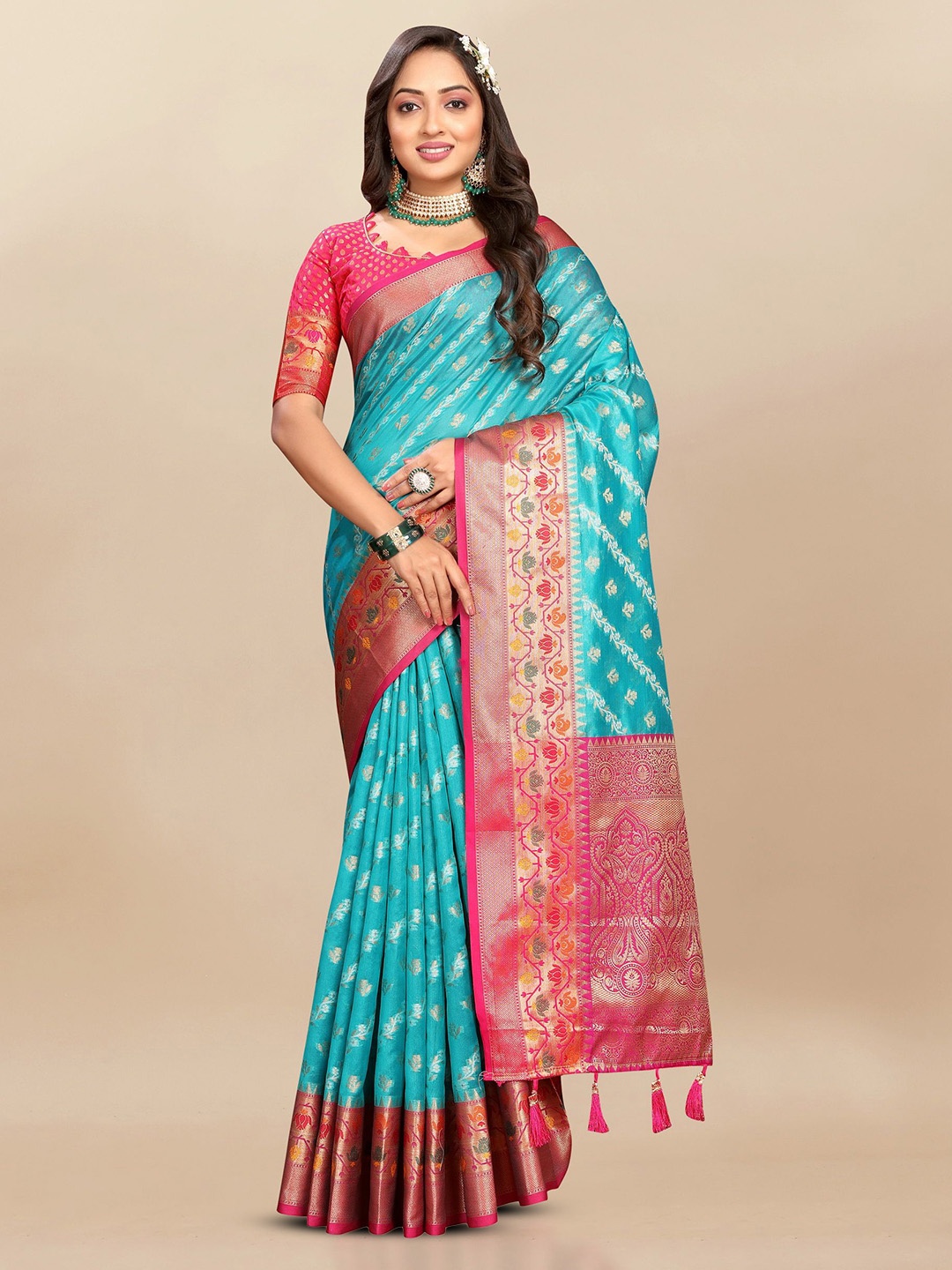 

Divyadham Textiles Woven Design Zari Organza Banarasi Saree, Turquoise blue