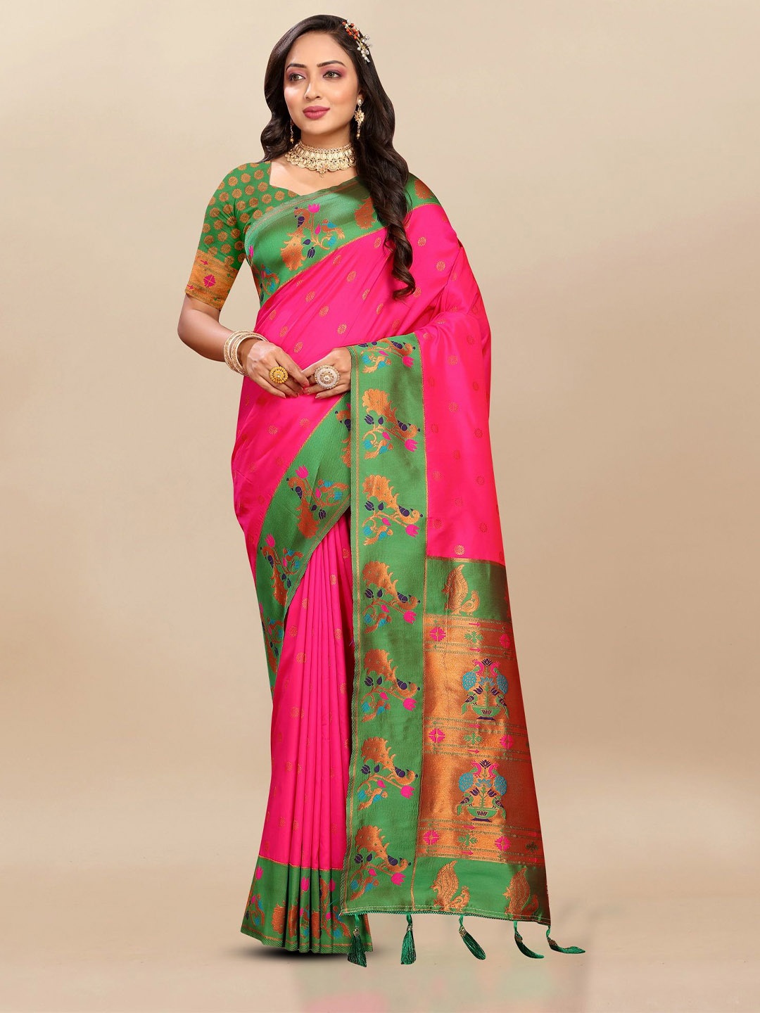 Divyadham Textiles Woven Design Zari Pure Silk Paithani Saree, Pink
