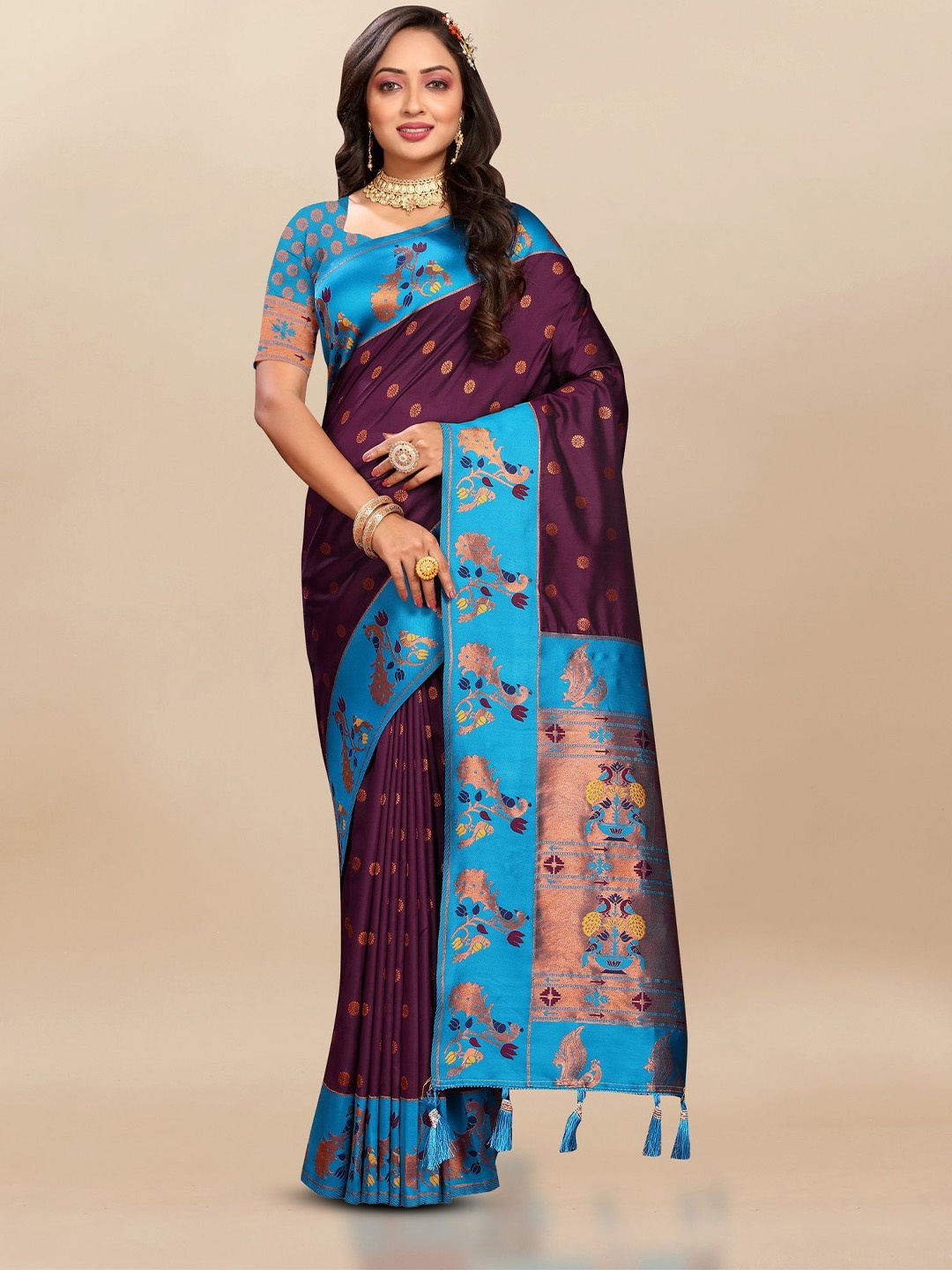 

Divyadham Textiles Woven Design Zari Pure Silk Paithani Saree, Purple