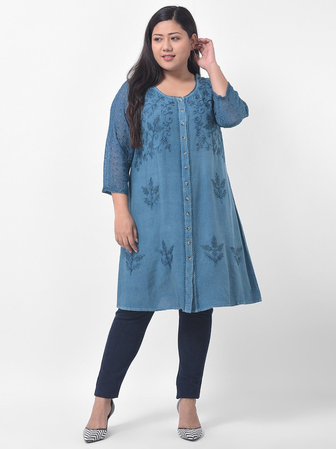 

VELDRESS Self Design Embroidered Round Neck Longline Top, Blue