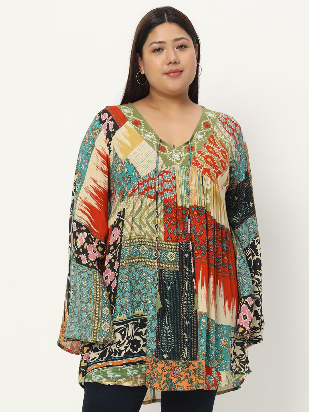 VELDRESS Floral Printed Tie-Up Neck A-Line Top, Multi
