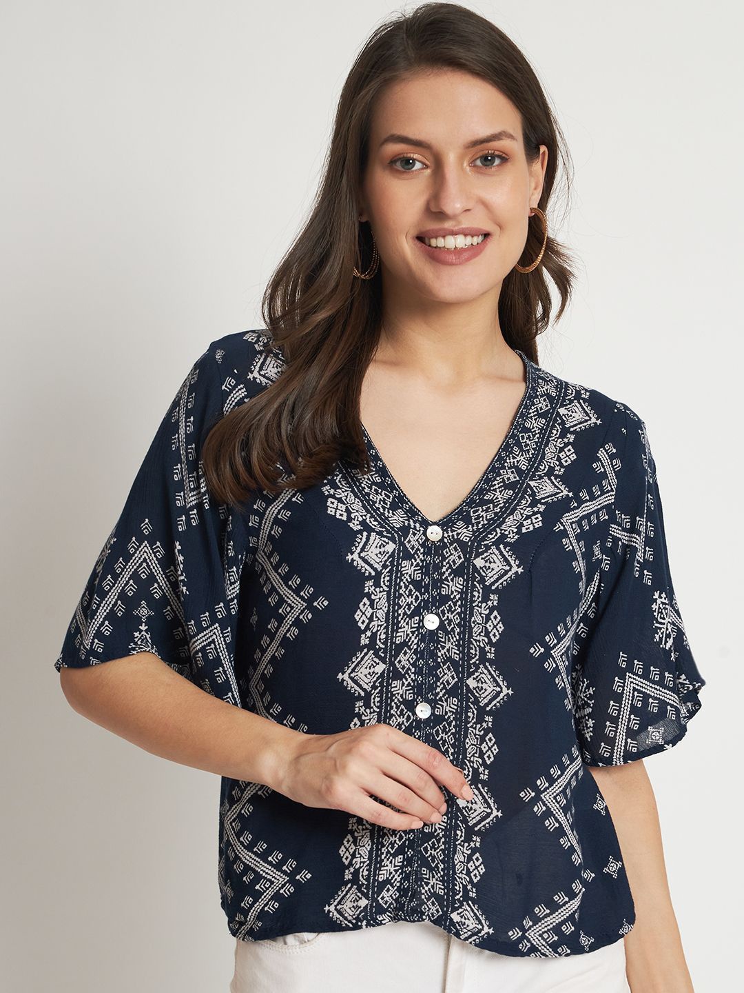 

VELDRESS Ethnic Printed V-Neck Button Closure Top, Blue