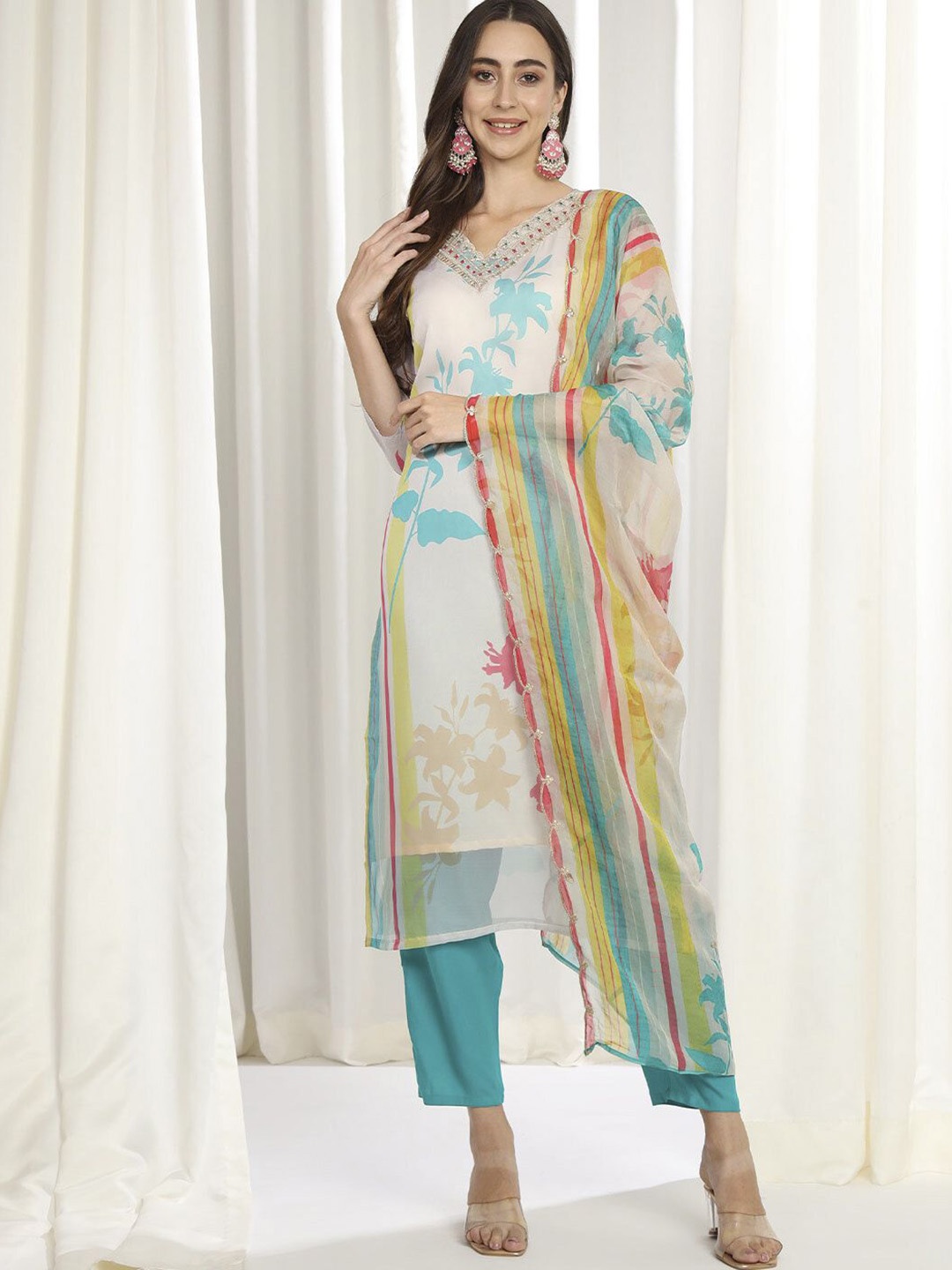 KALINI Women Floral Embroidered Regular Kurti with Trousers & Dupatta, White