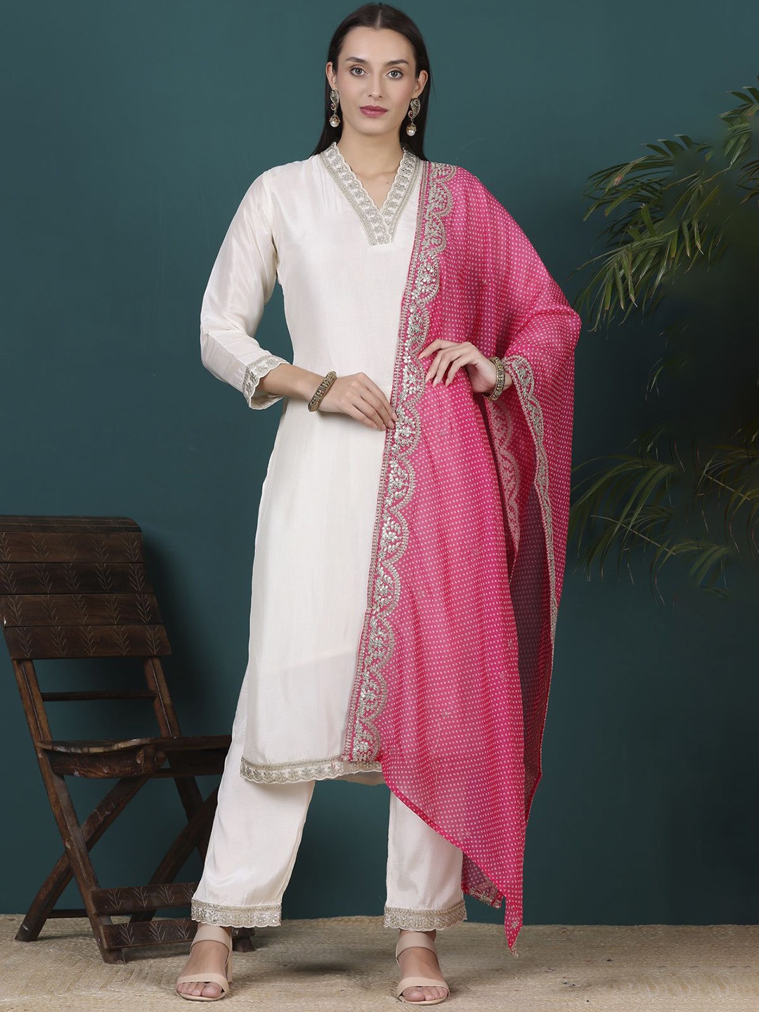 

KALINI Women Floral Yoke Design Chanderi Cotton Kurta with Trousers & With Dupatta, Off white