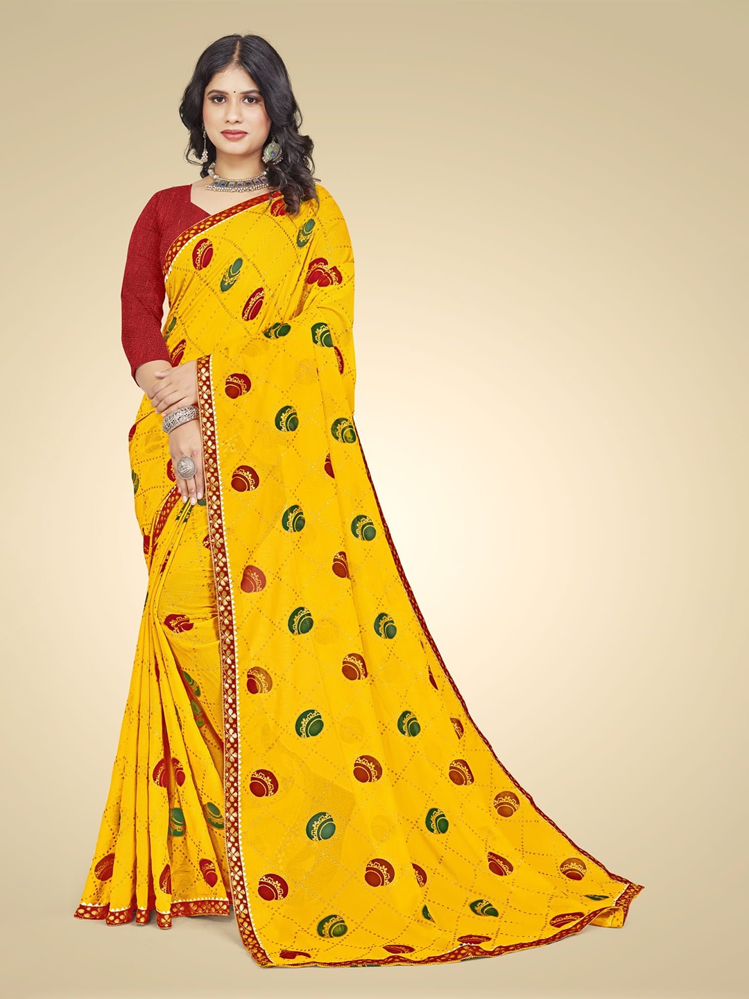 

Grubstaker Ethnic Motifs Embroidered Pure Georgette Chanderi Saree, Yellow
