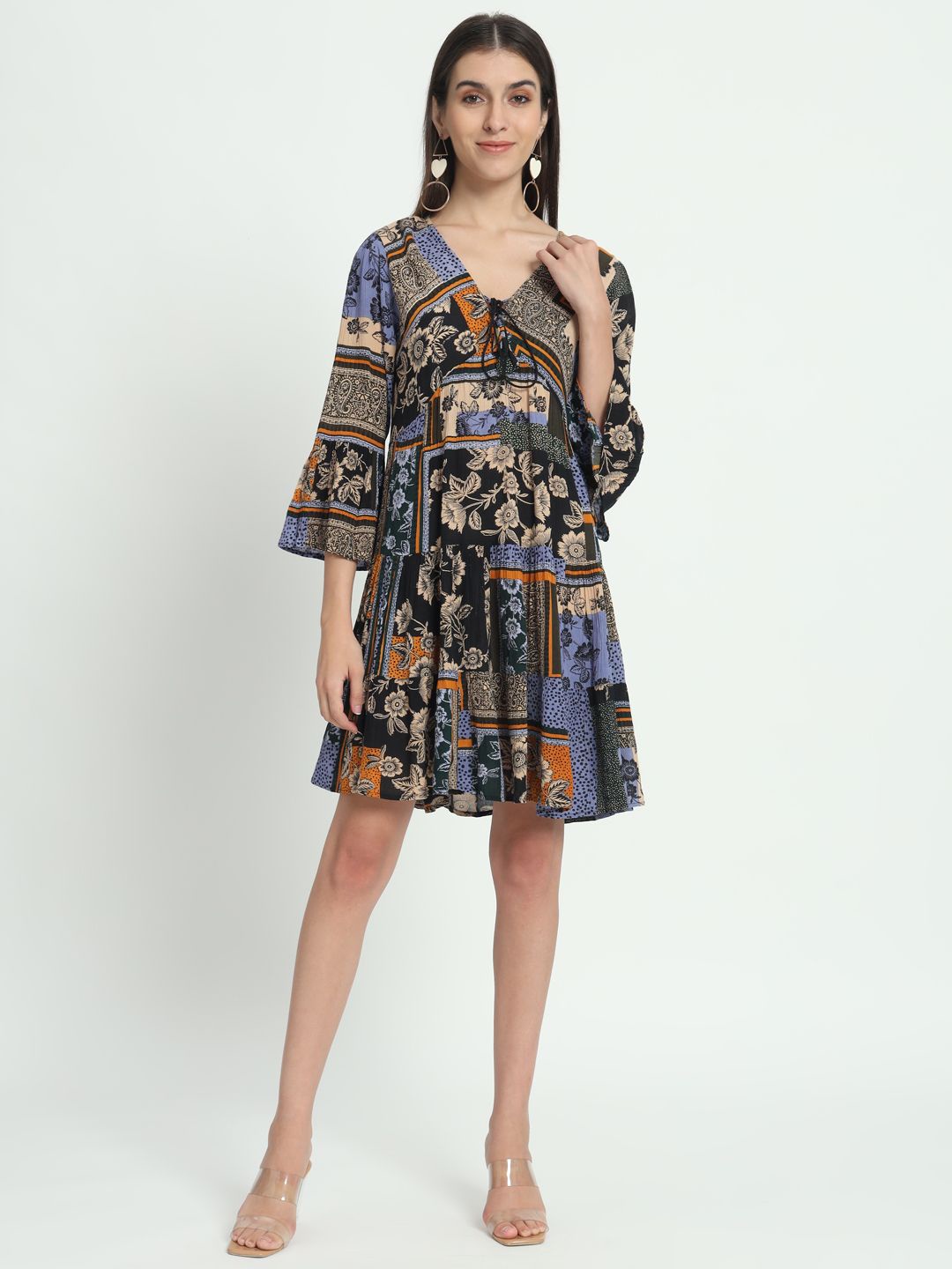 

VELDRESS Floral Print Bell Sleeve A-line Dress, Multi