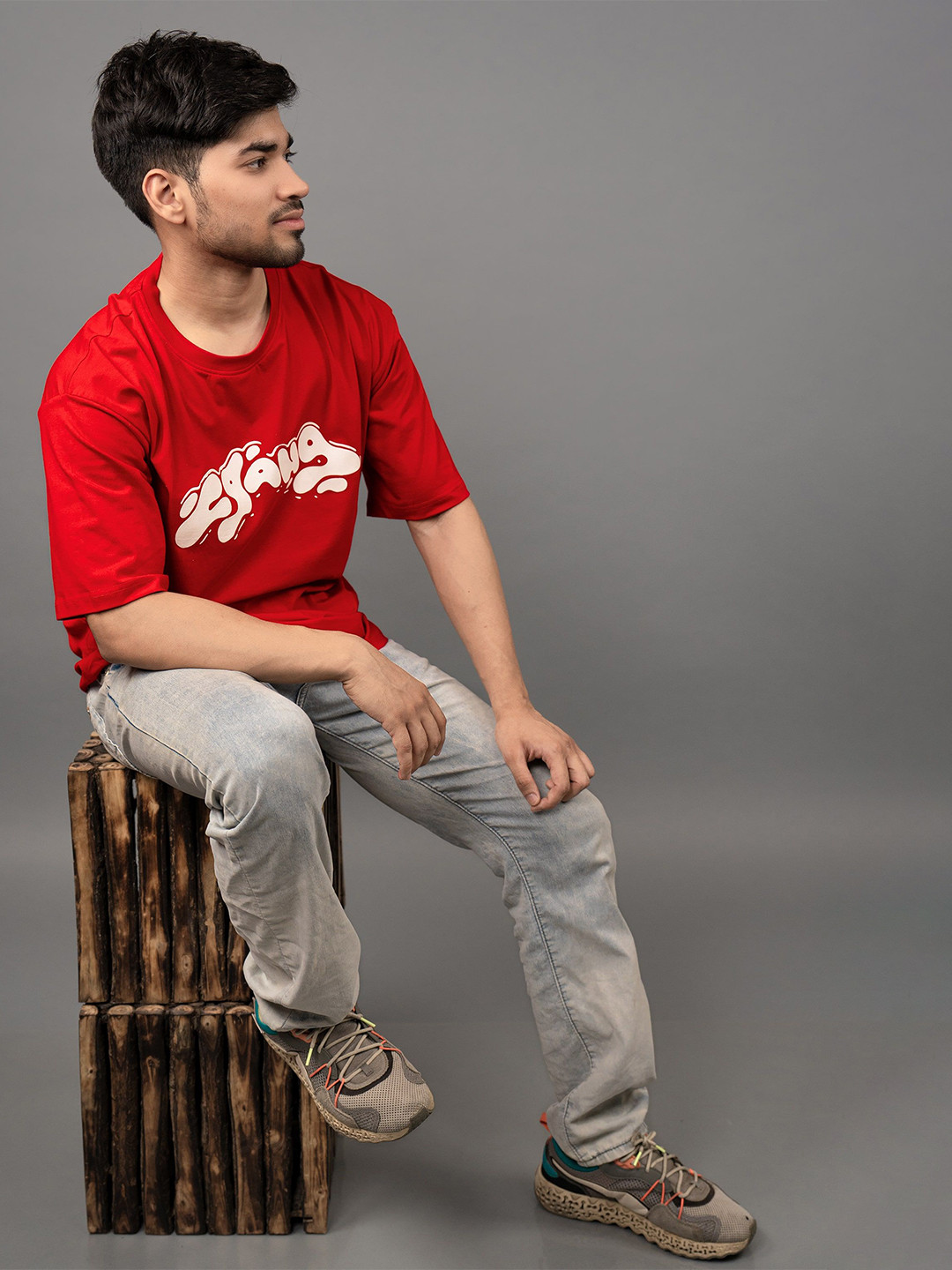 

Skewdeck Men Cherry Red Typography Printed Round Neck Oversized T-shirt