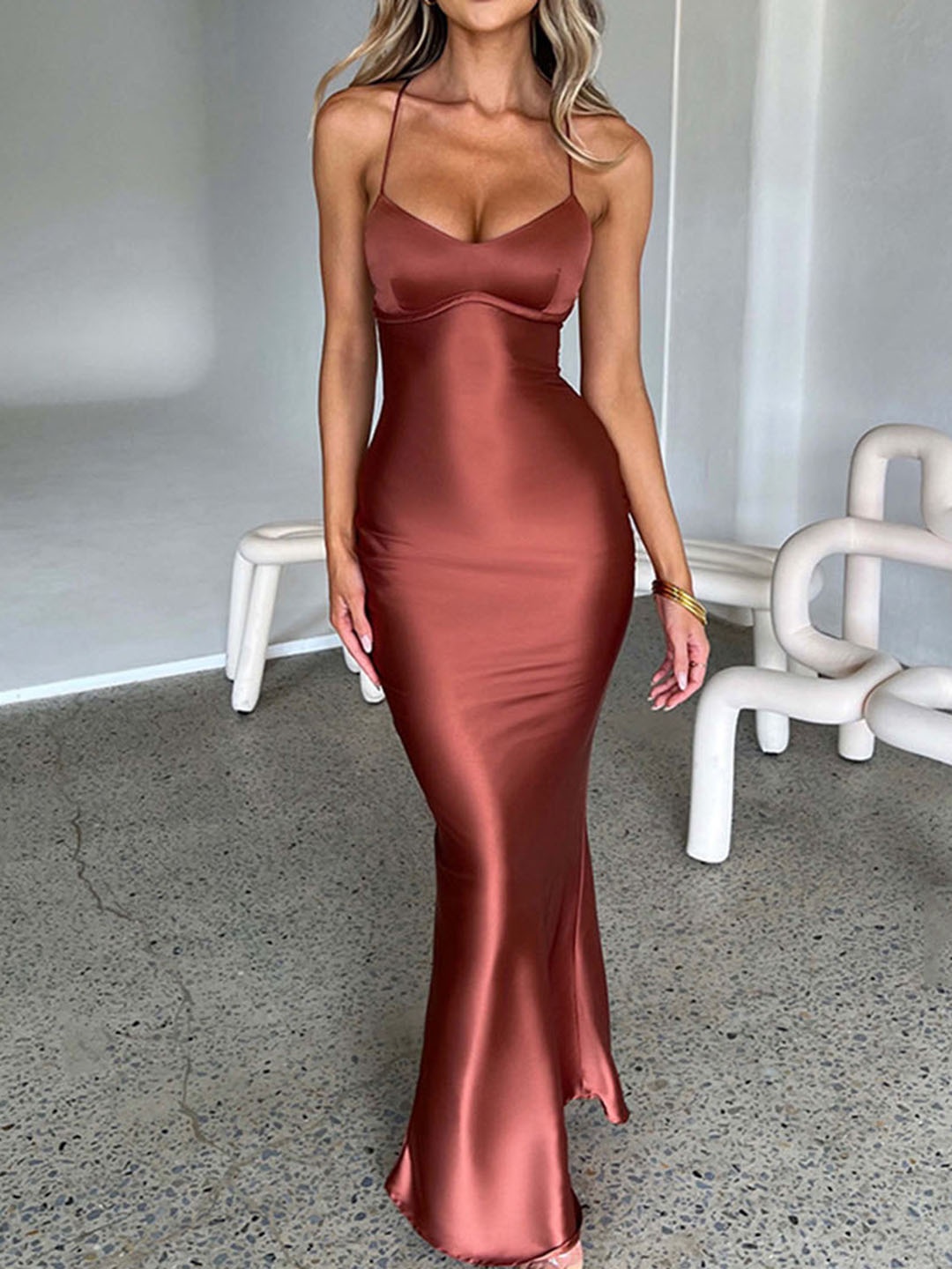 

bebe Shoulder Strap Cross back Long Sheath Dress, Brown