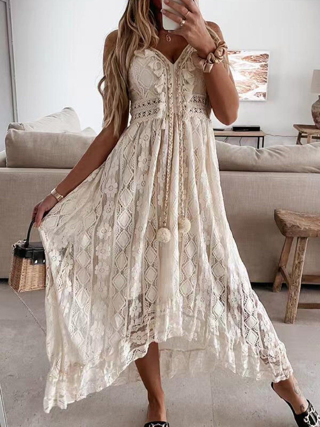 

bebe V-neck Shoulder Strap Tassel Detailed Crochet Empire Dress, Off white