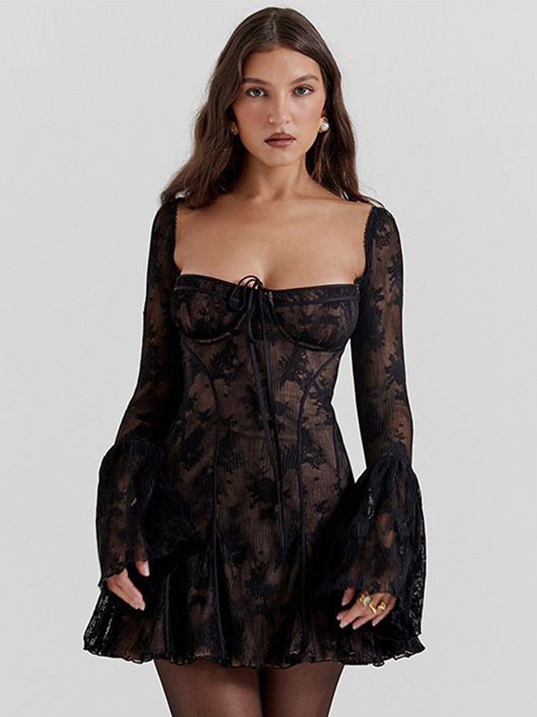 bebe Self Design Flared Sleeves Fit & Flare Mini Dress, Black
