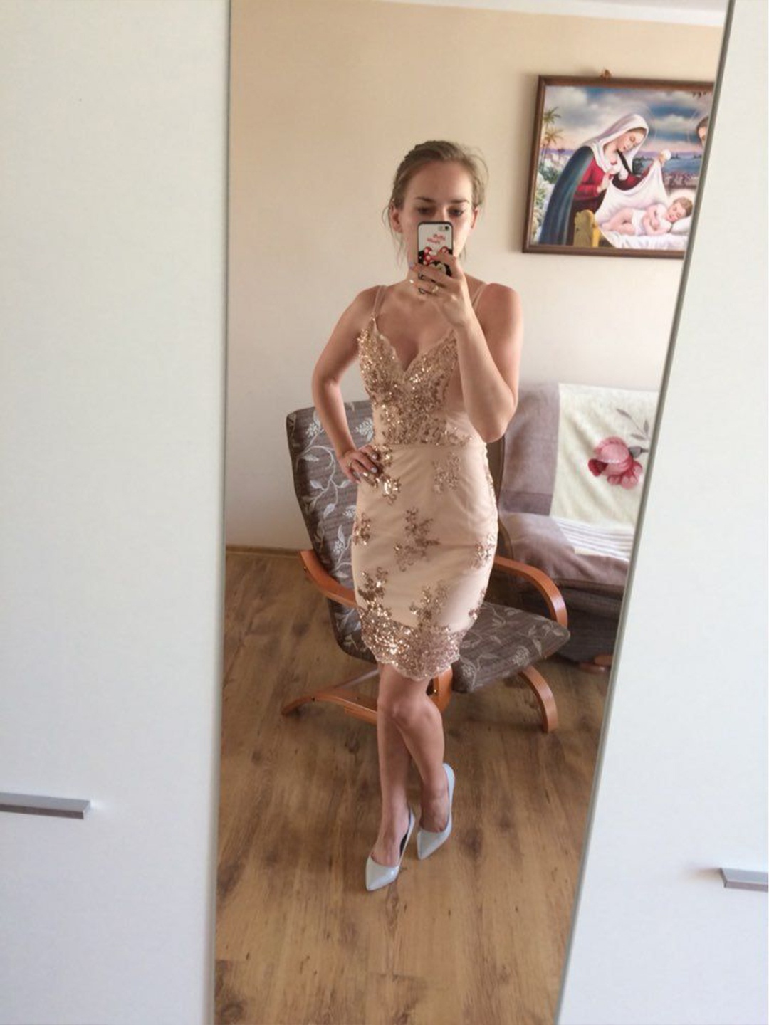 

bebe Embellished Sheath Midi Dress, Gold