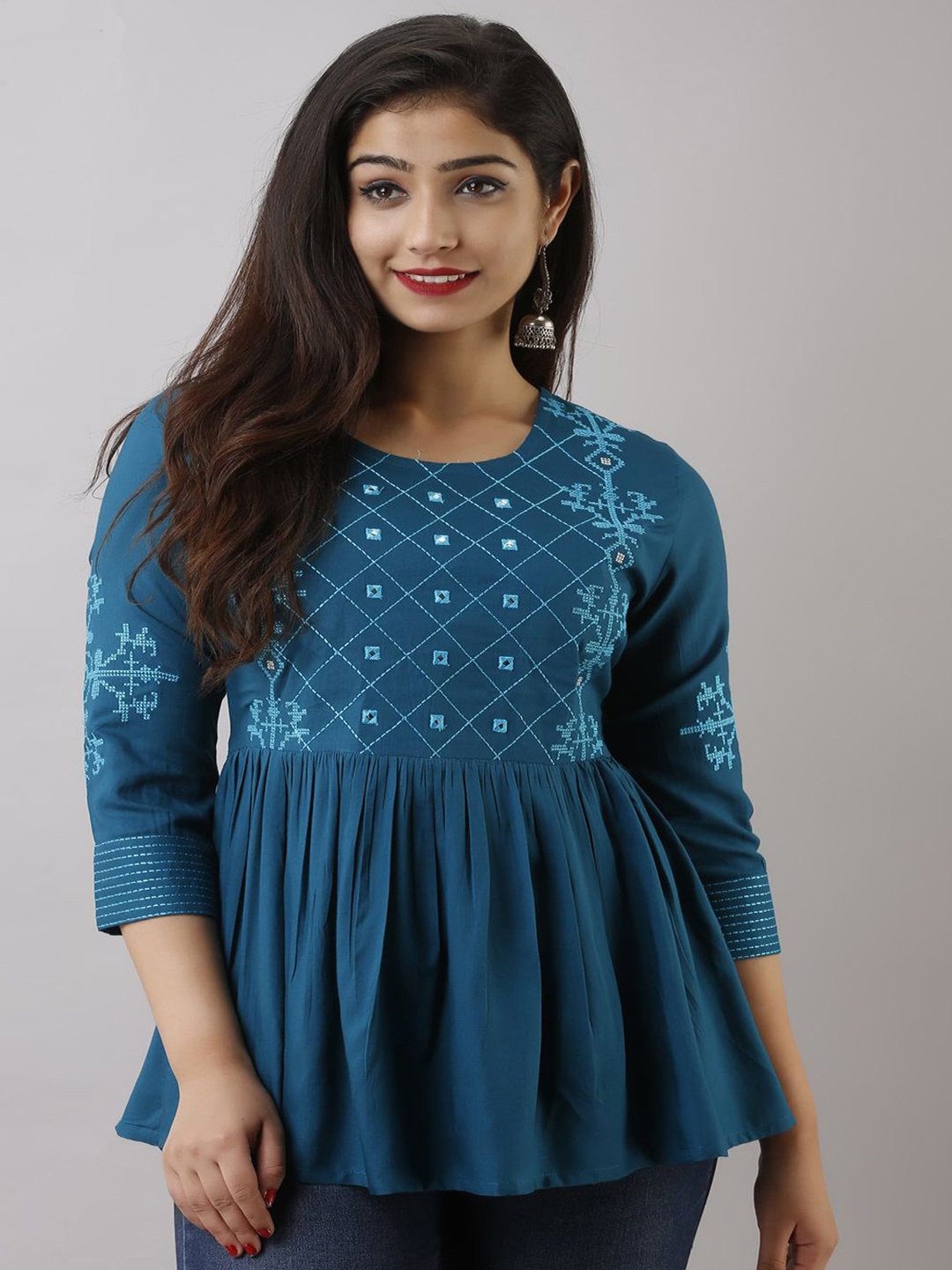 

TULIP 21 Embroidered Thread Work Thread Work Pleated Kurti, Blue