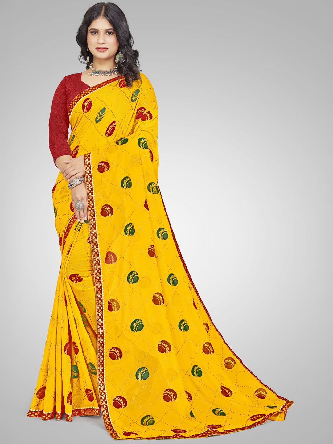 

KALINI Ethnic Motifs Embroidered Pure Georgette Chanderi Saree, Yellow