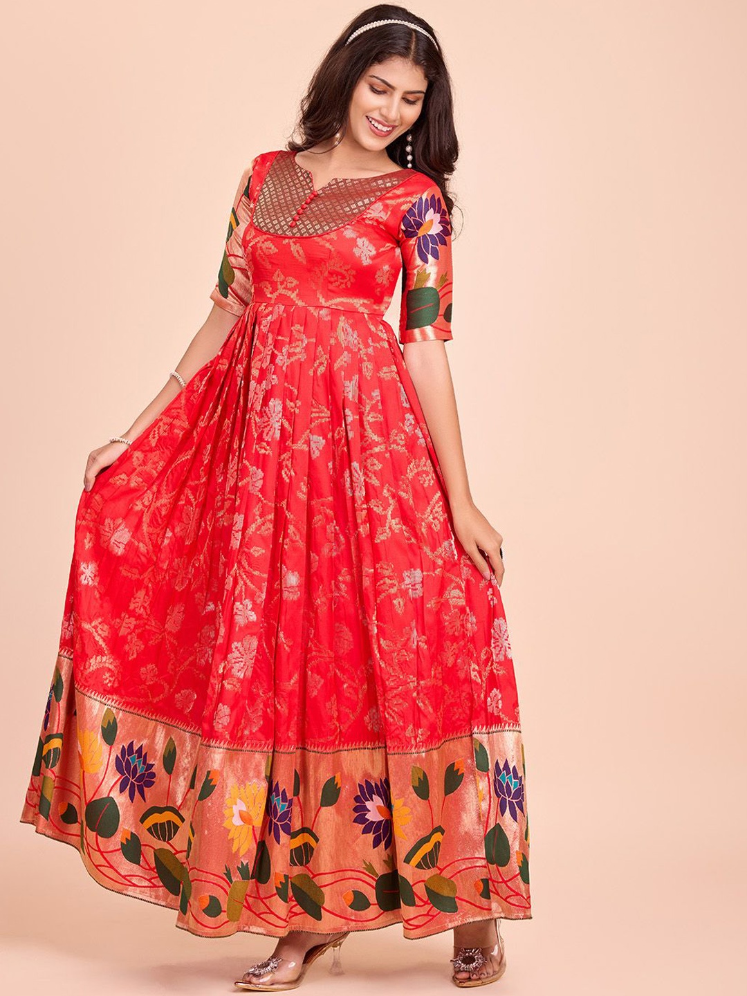 Tasarika Silk Woven Fit & Flare Maxi Ethnic Dresses, Red