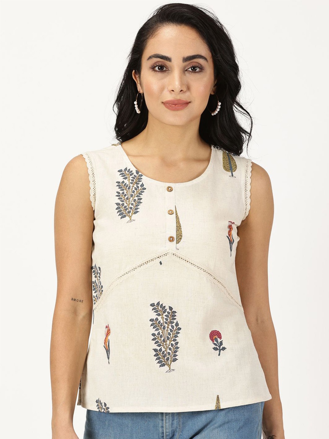 

Saffron Threads Embellished Ethnic Cotton Top, Off white