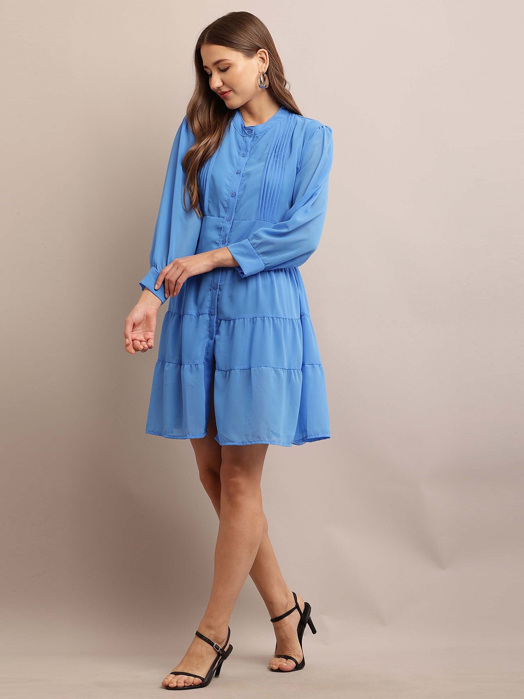 

Vastrasky Global Mandarin Collar Bell Sleeve Georgette Longline Top, Blue