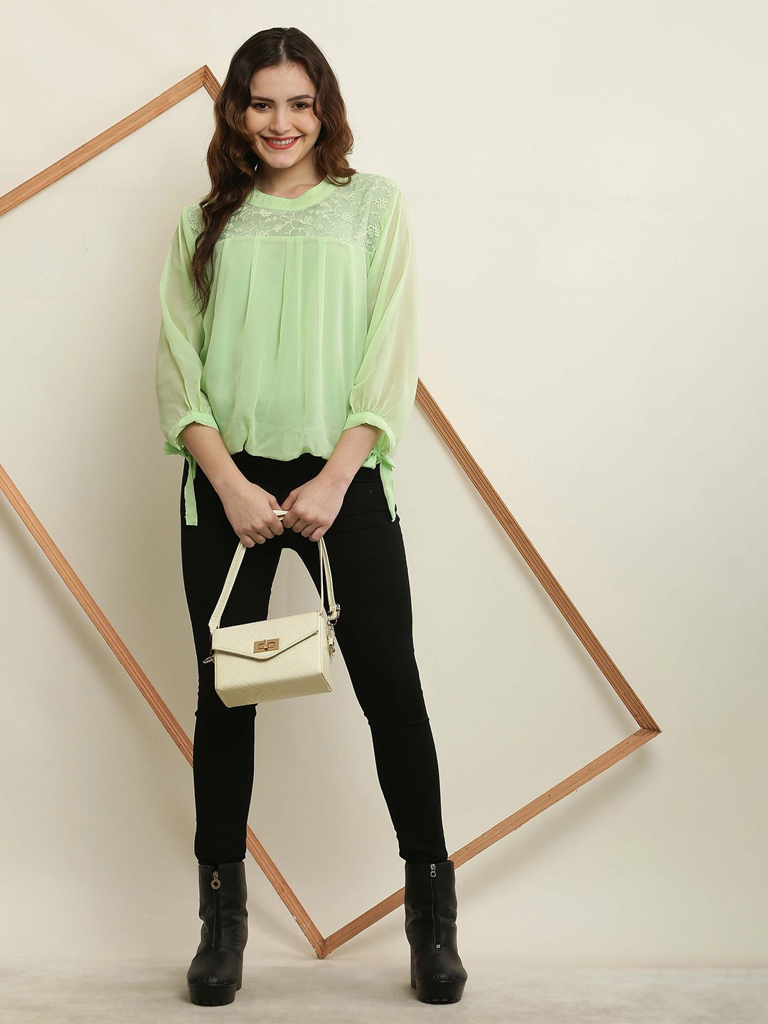 

Vastrasky Global Mandarin Collar Georgette Top, Sea green