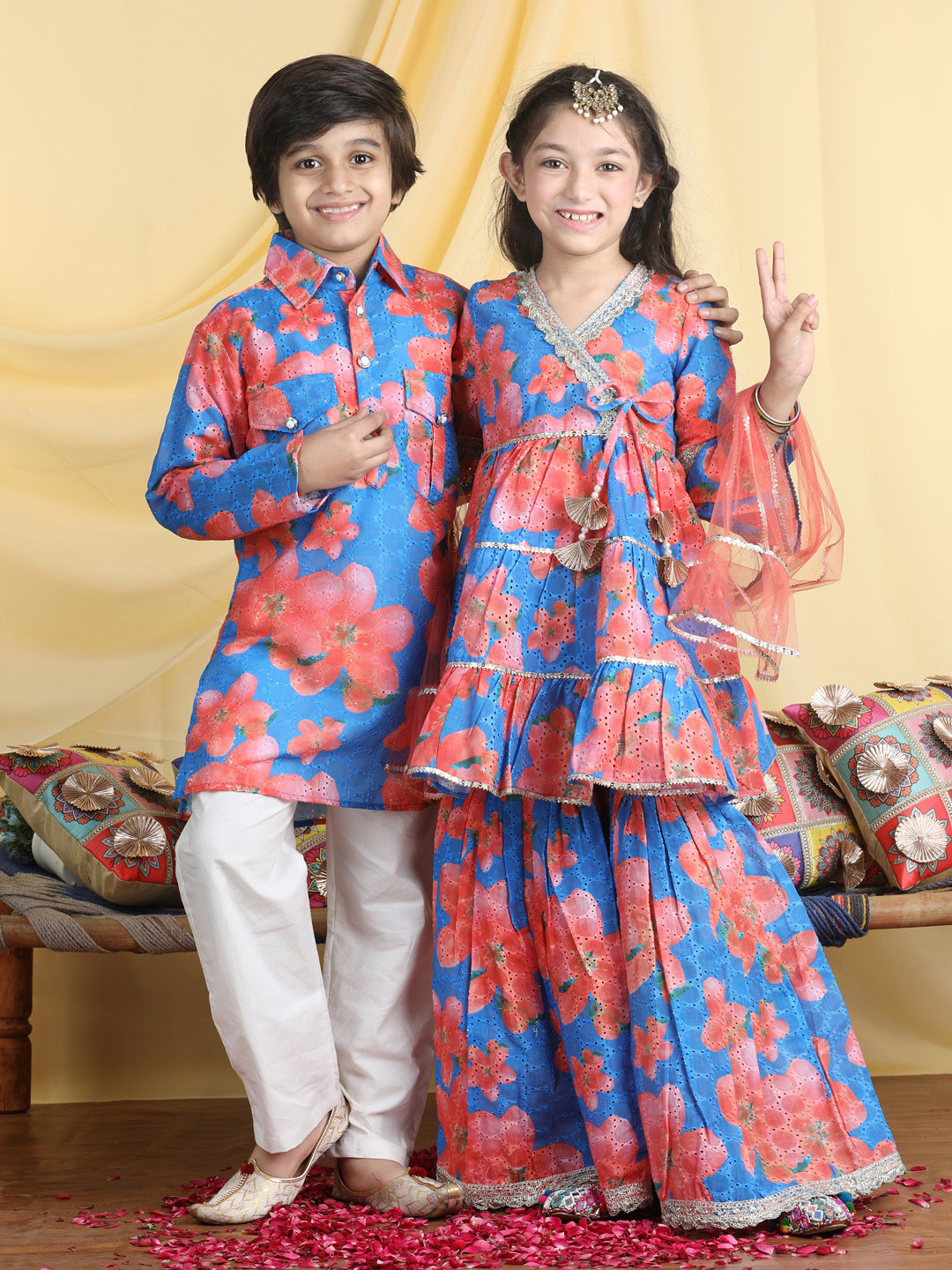 

Cutiekins Girls Floral Printed Angrakha Gotta Patti Kurti with Sharara & With Dupatta, Blue