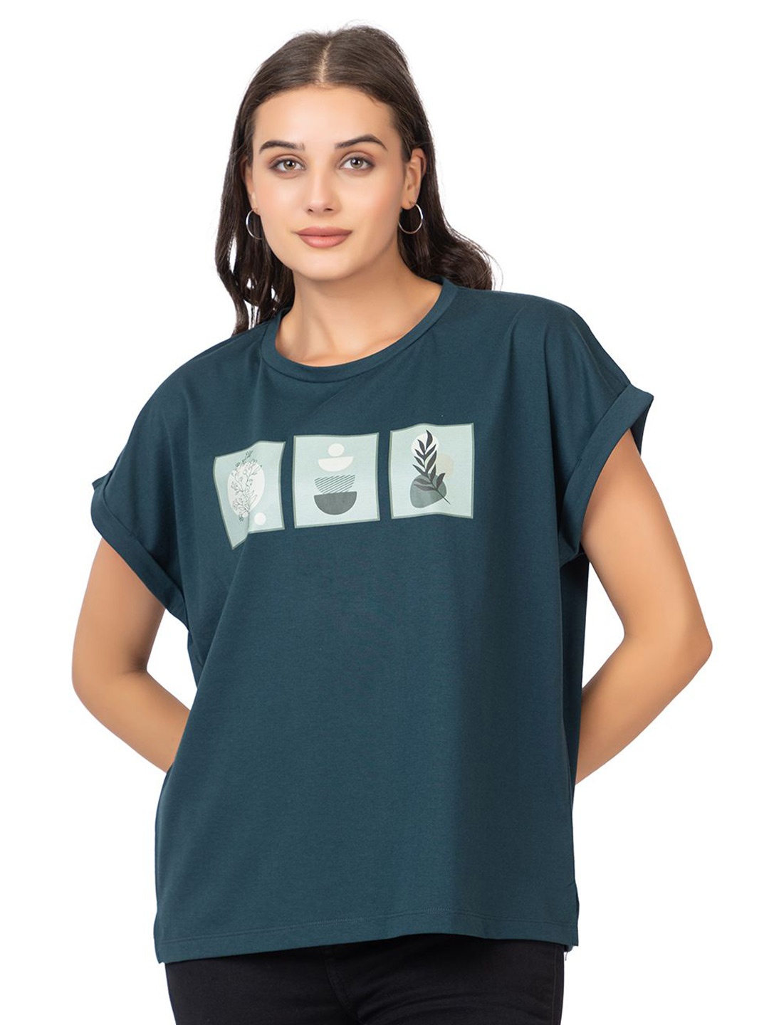 

MAZMUN Women Typography Printed Extended Sleeves T-shirt, Teal