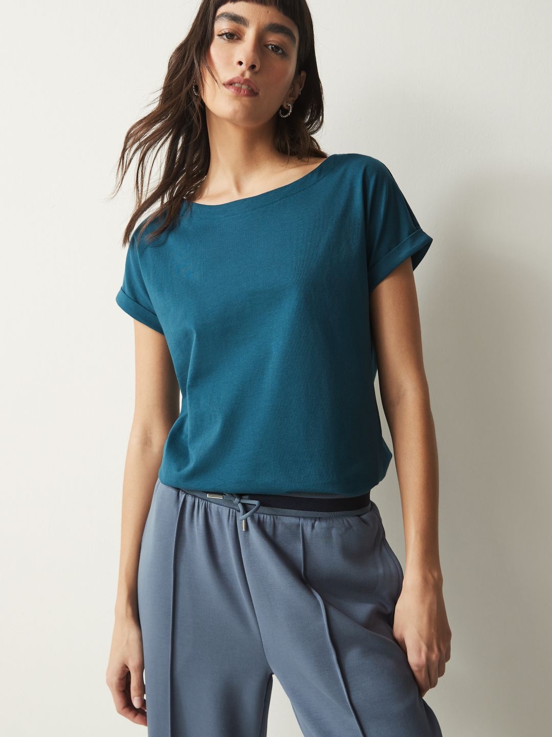 

NEXT Boat Neck Extended Sleeves Pure Cotton T-shirt, Teal