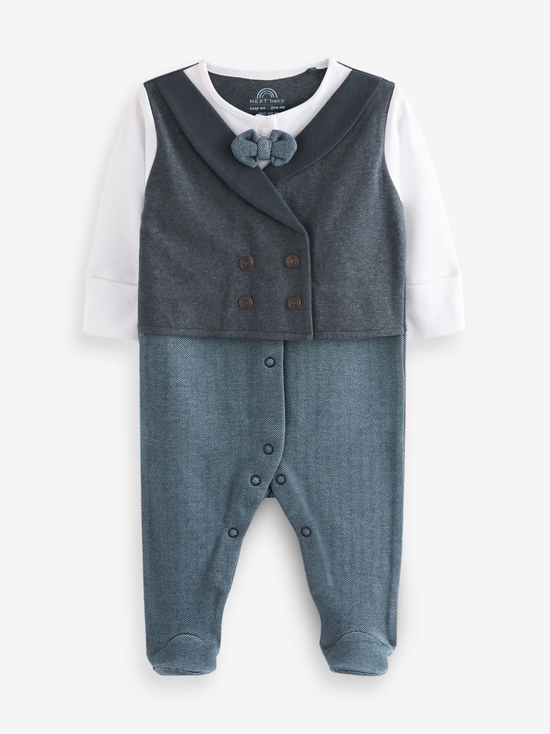 

NEXT Infant Boys Pure Cotton Chevron Striped Sleepsuit with Attached Waistcoat & Bow Tie, Navy blue