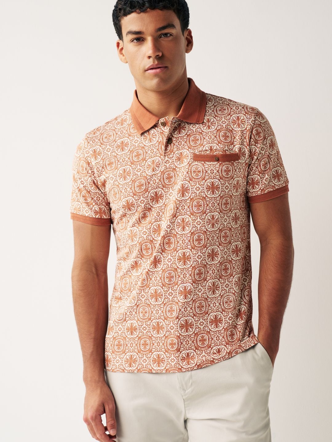 

NEXT Ethnic Printed Polo Collar Pure Cotton T-shirt, Rust