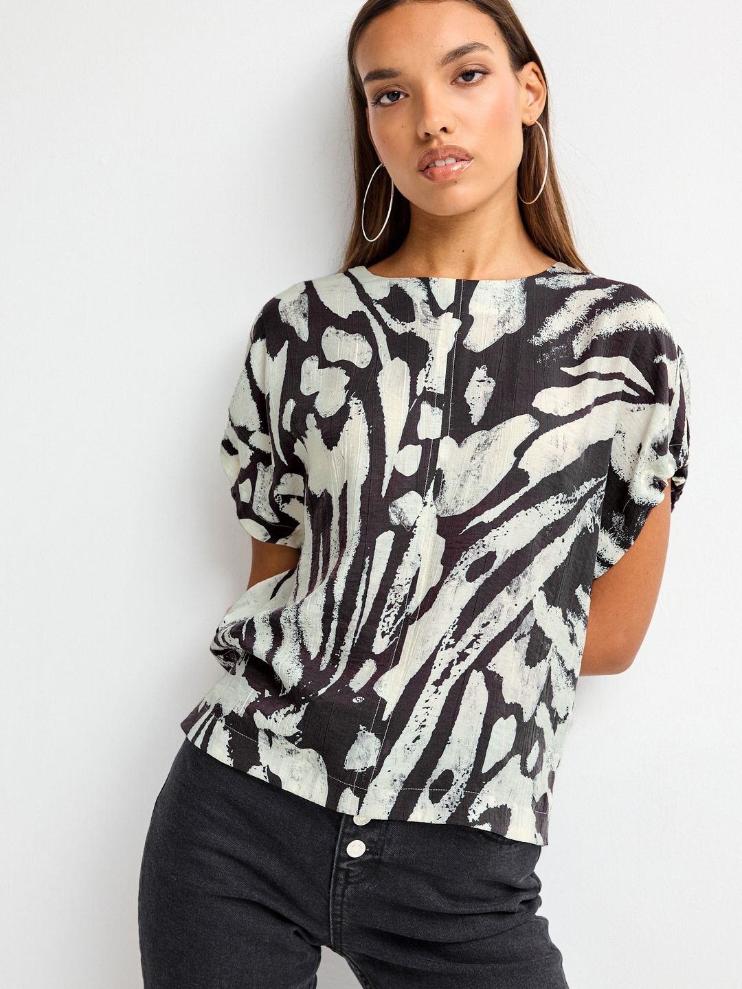 

NEXT Printed Extended Sleeves Monochrome Top, Black