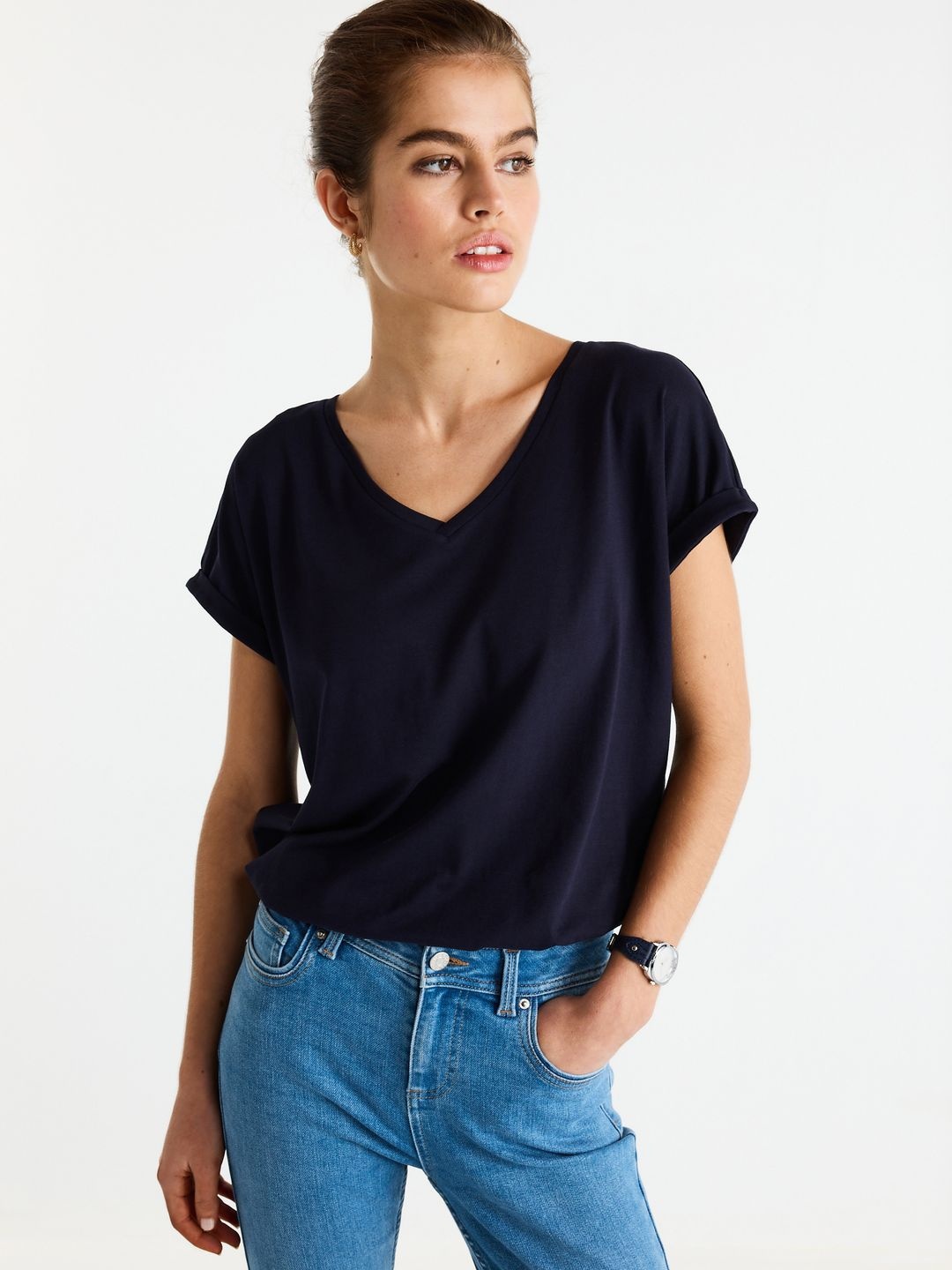 

NEXT V-Neck Extended Sleeves Pure Cotton T-shirt, Navy blue