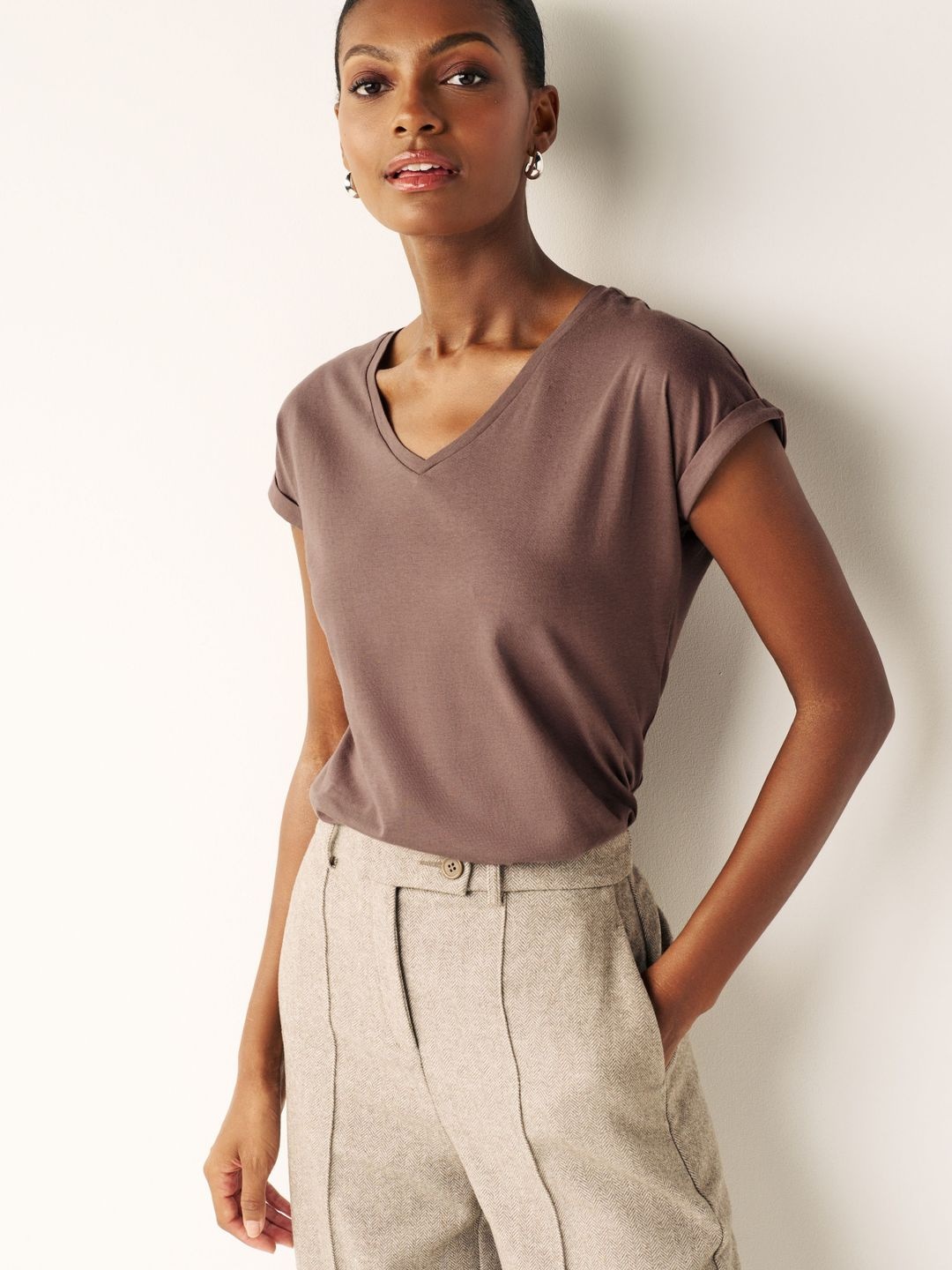 

NEXT V-Neck Extended Sleeves Pure Cotton T-shirt, Mauve
