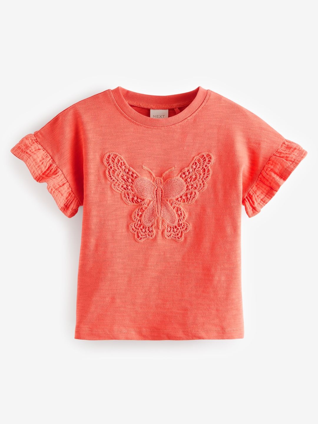 

NEXT Infant Girls Pure Cotton T-shirt with Butterfly Applique Detail, Orange