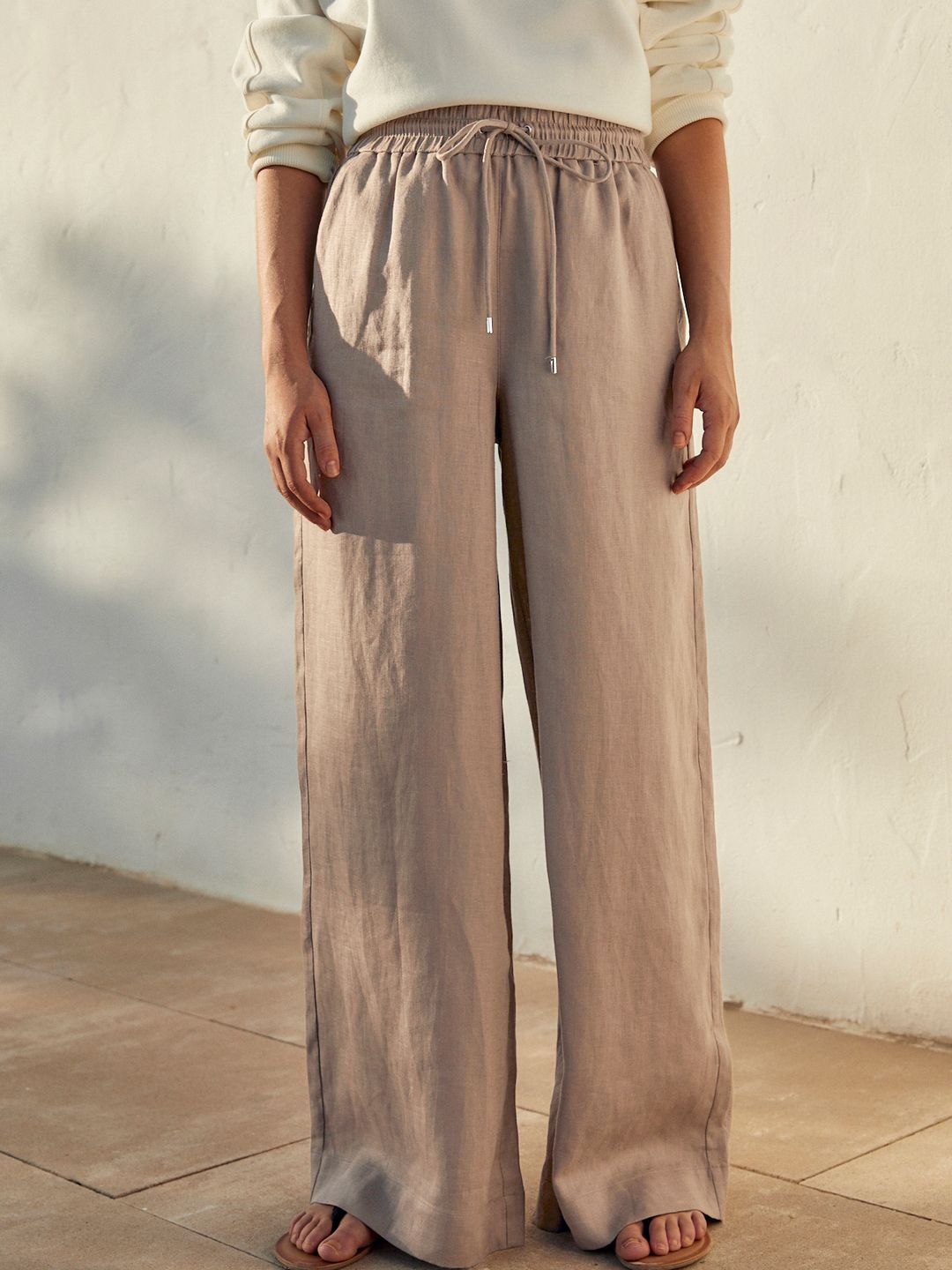 

NEXT Women Pure Linen Wide Leg Trousers, Taupe
