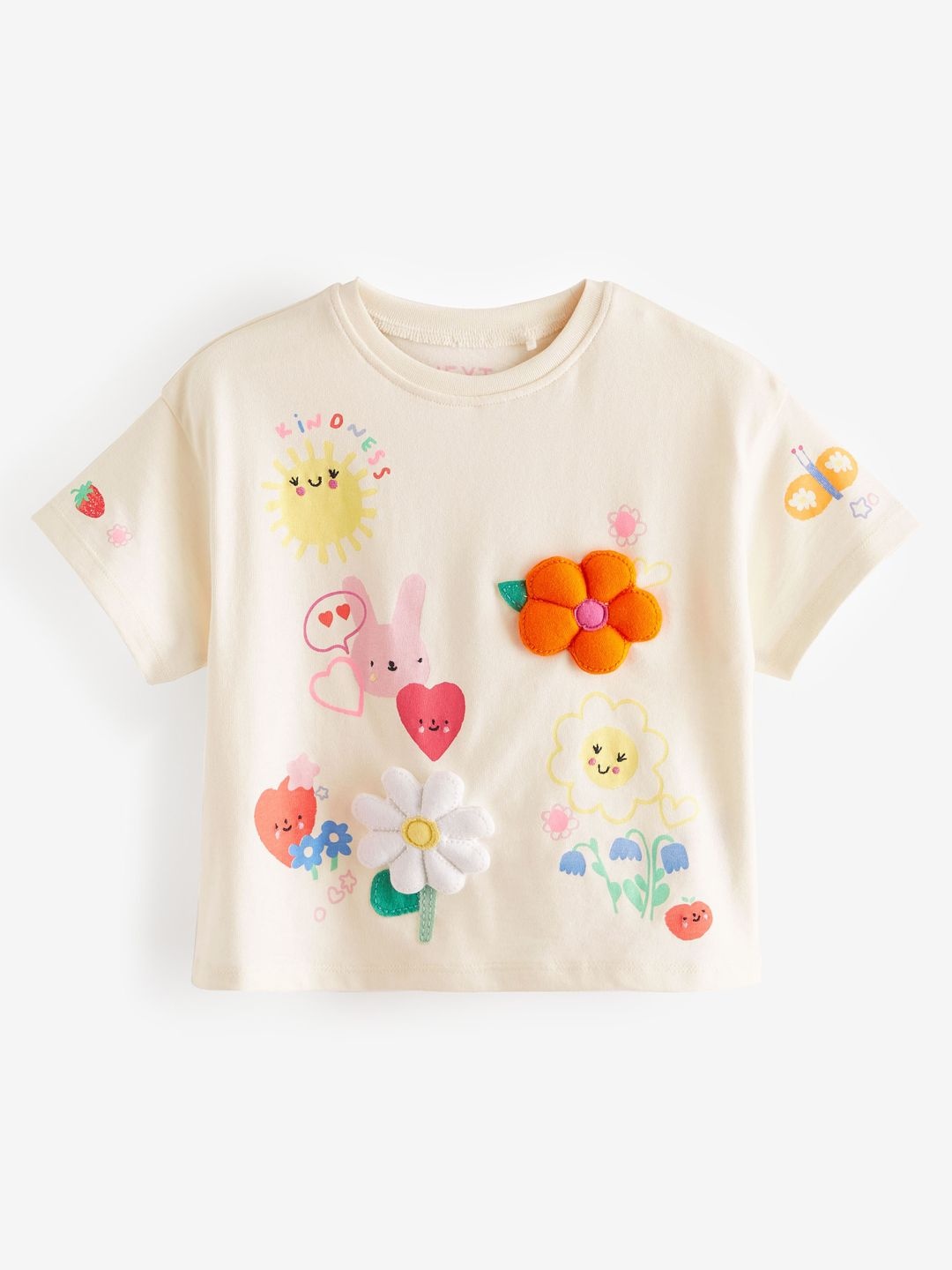 

NEXT Infant Girls Floral Print Pure Cotton T-shirt with Applique Detail, Off white
