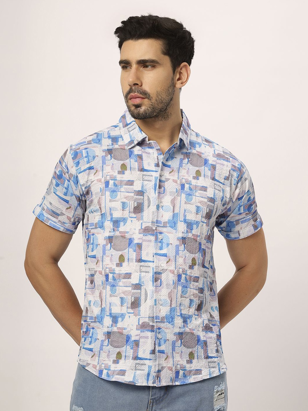 

N AND J Men Relaxed Opaque Printed Casual Shirt, Blue