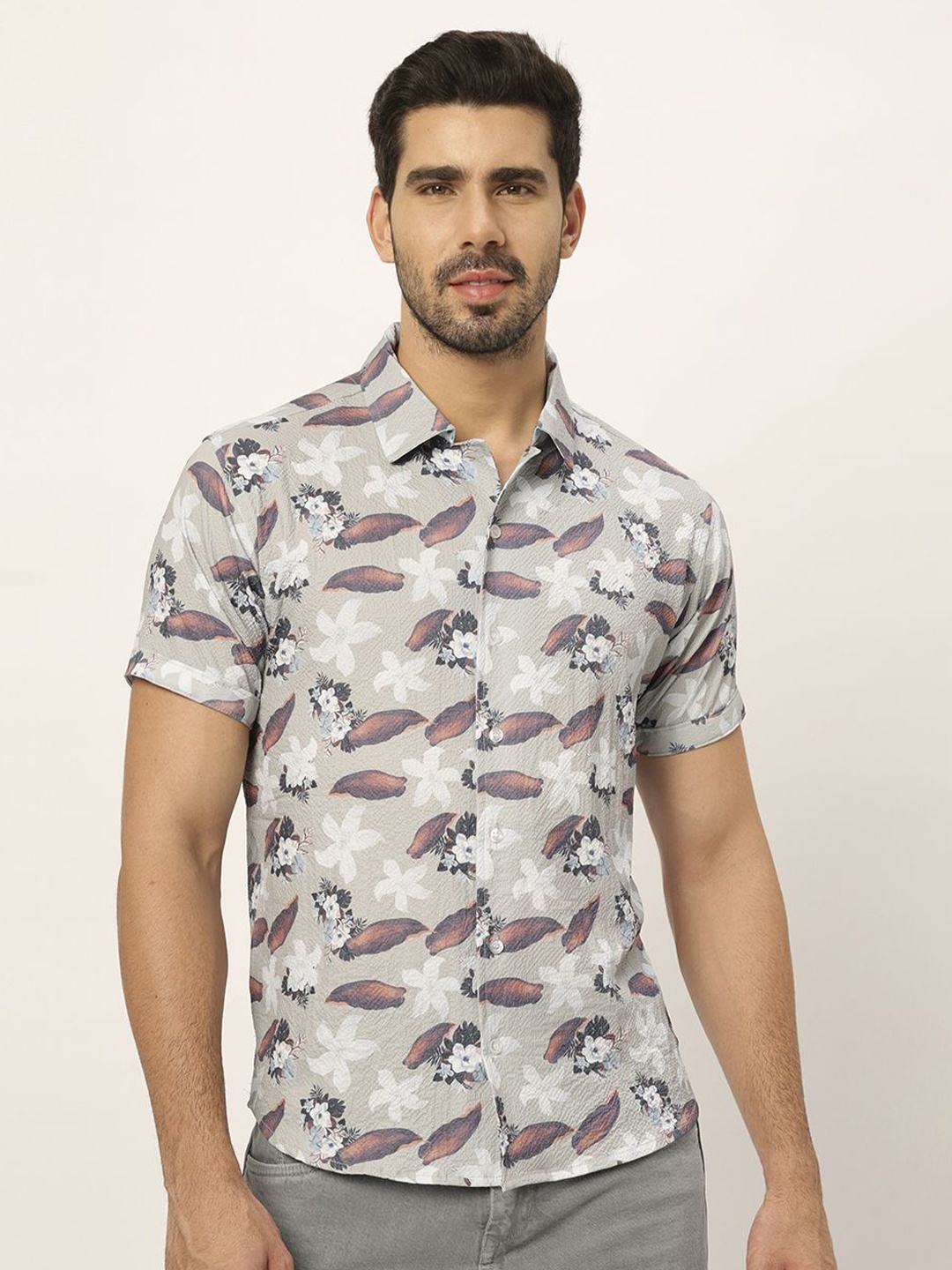 

N AND J Men Relaxed Floral Opaque Printed Casual Shirt, Grey