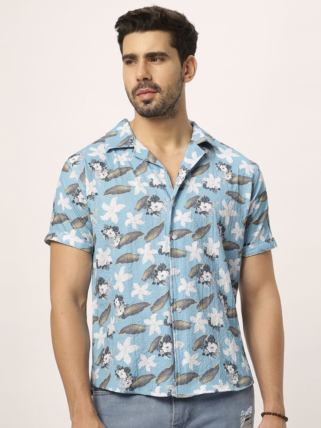 

N AND J Men Relaxed Floral Opaque Printed Casual Shirt, Blue