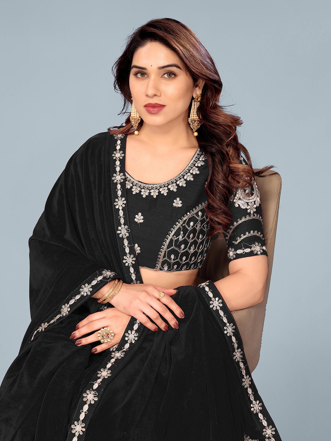 Ashiya Fab Embroidered Velvet Heavy Work Saree, Black