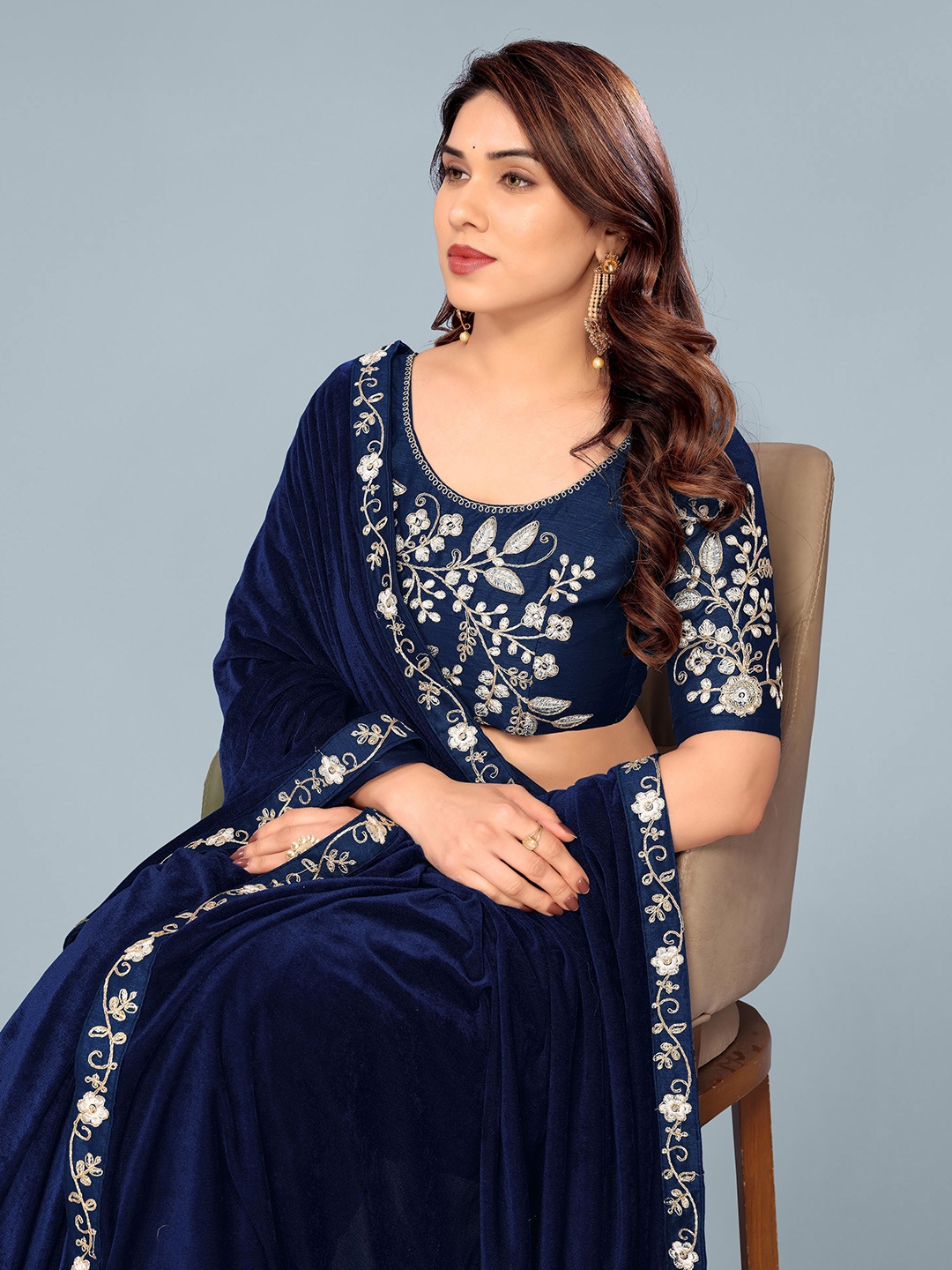 

Ashiya Fab Embroidered Velvet Saree, Navy blue