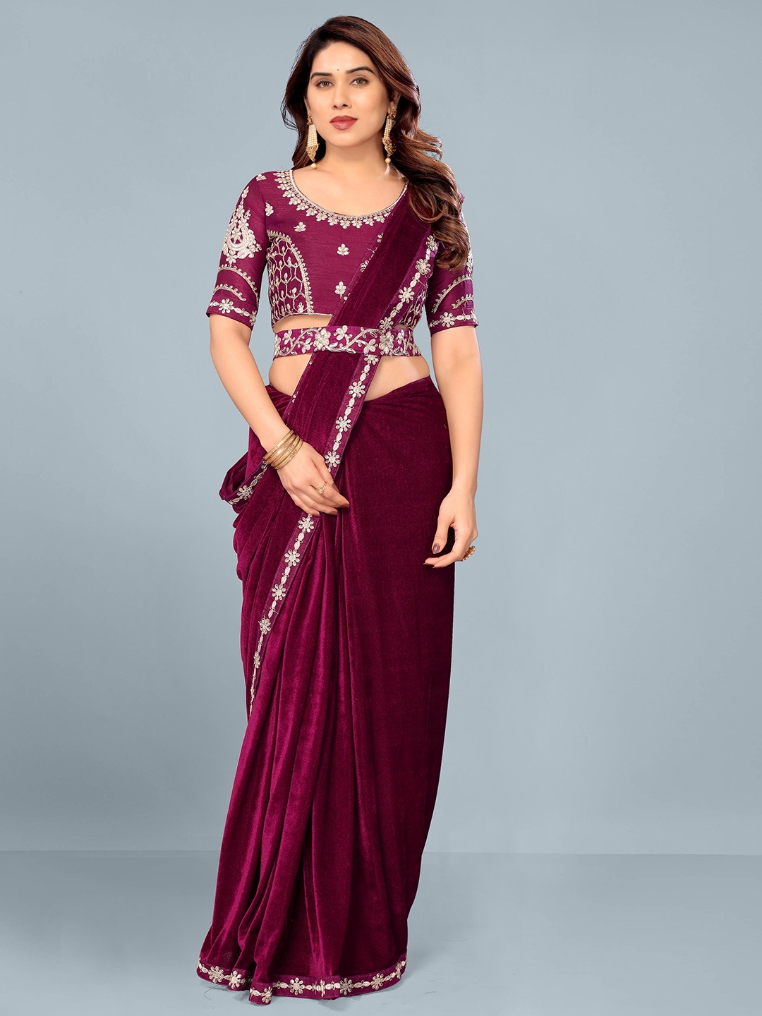 

ISHA TRADE Embroidered Velvet Belted Saree, Pink
