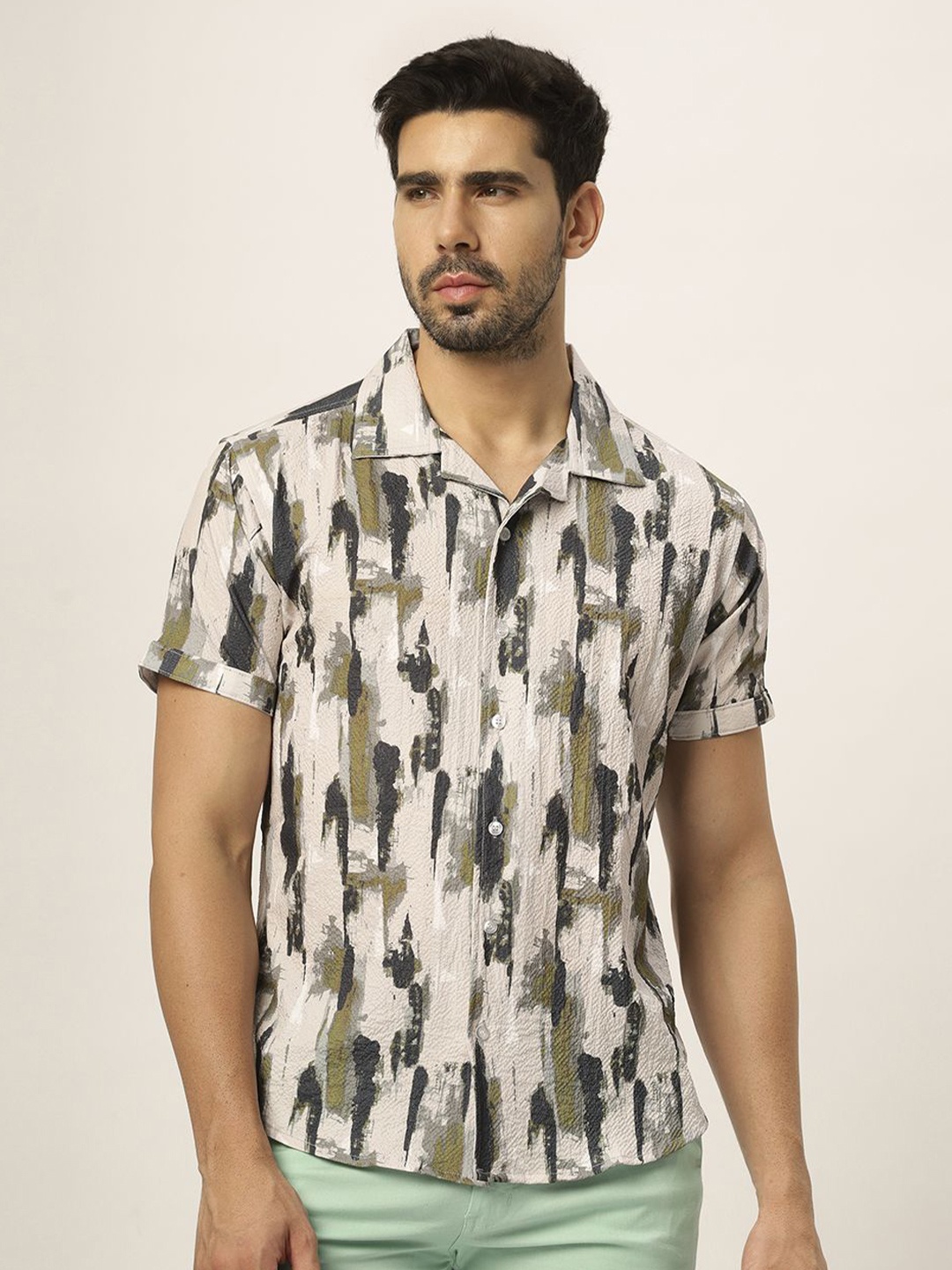 

N AND J Men Relaxed Opaque Printed Casual Shirt, Khaki
