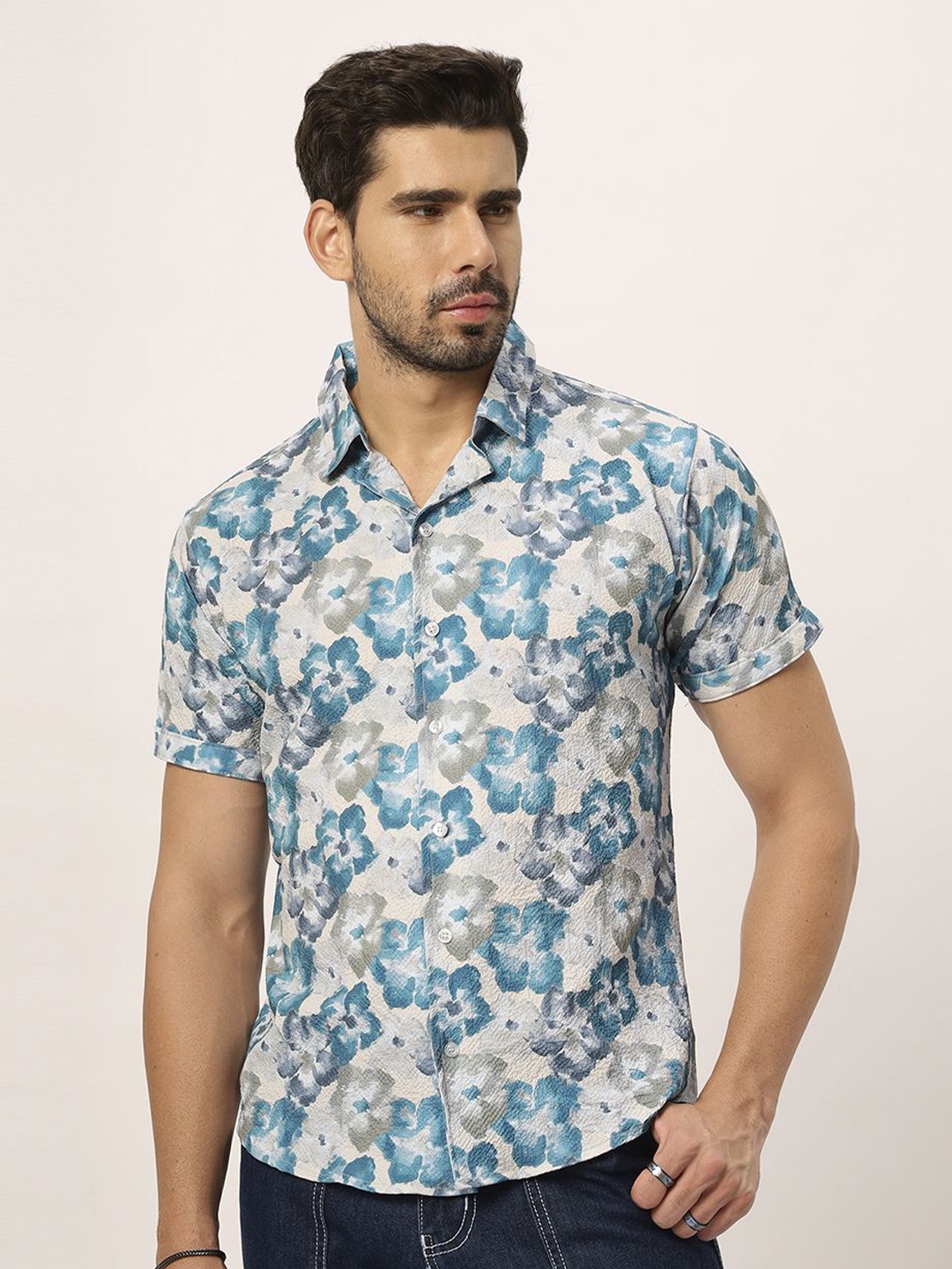

N AND J Men Relaxed Floral Opaque Printed Casual Shirt, Blue